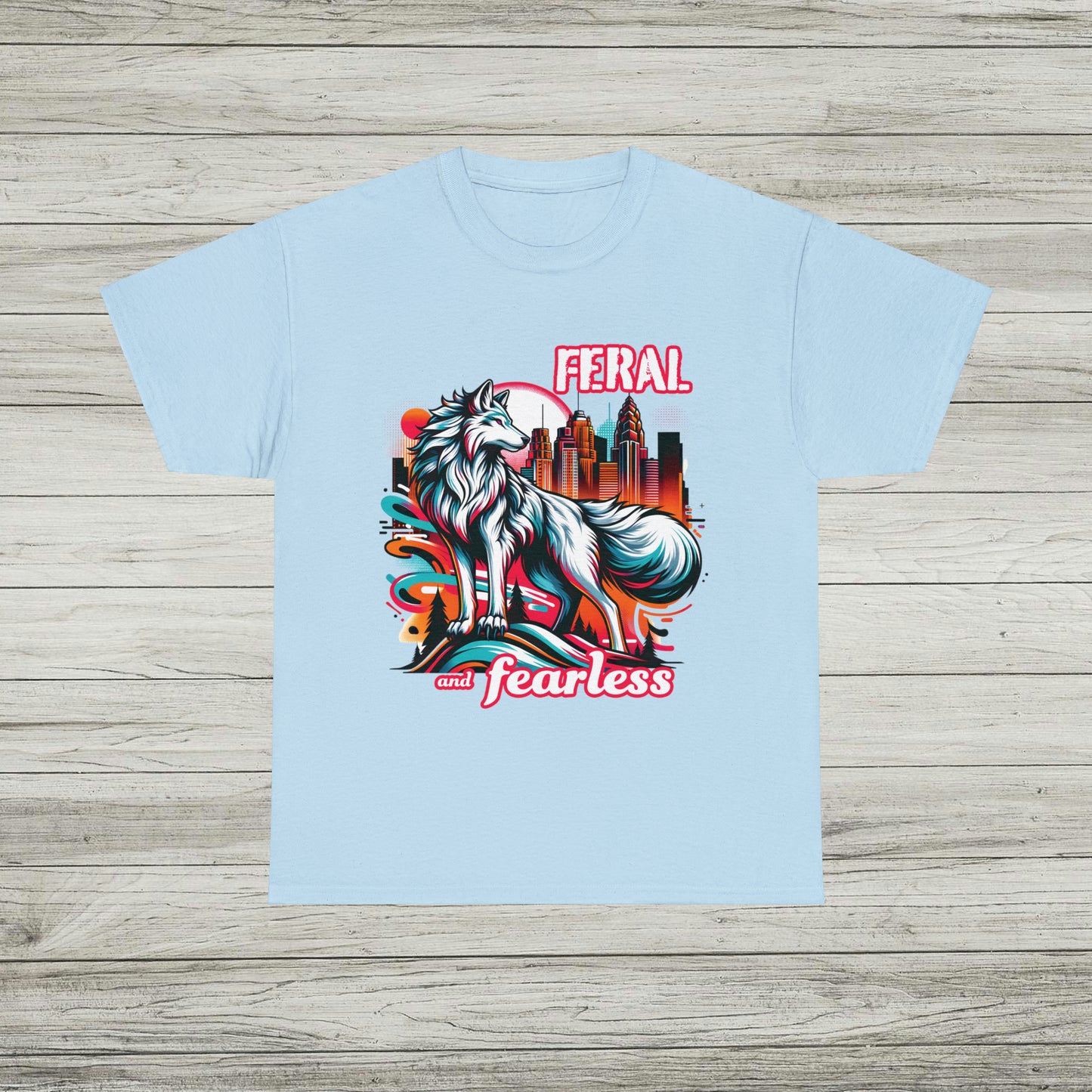 Feral and Fearless White Wolf T-Shirt Strong Woman 90s Gen X Feminist Tee Cityscape Skyline Nature City Inspirational Shirt