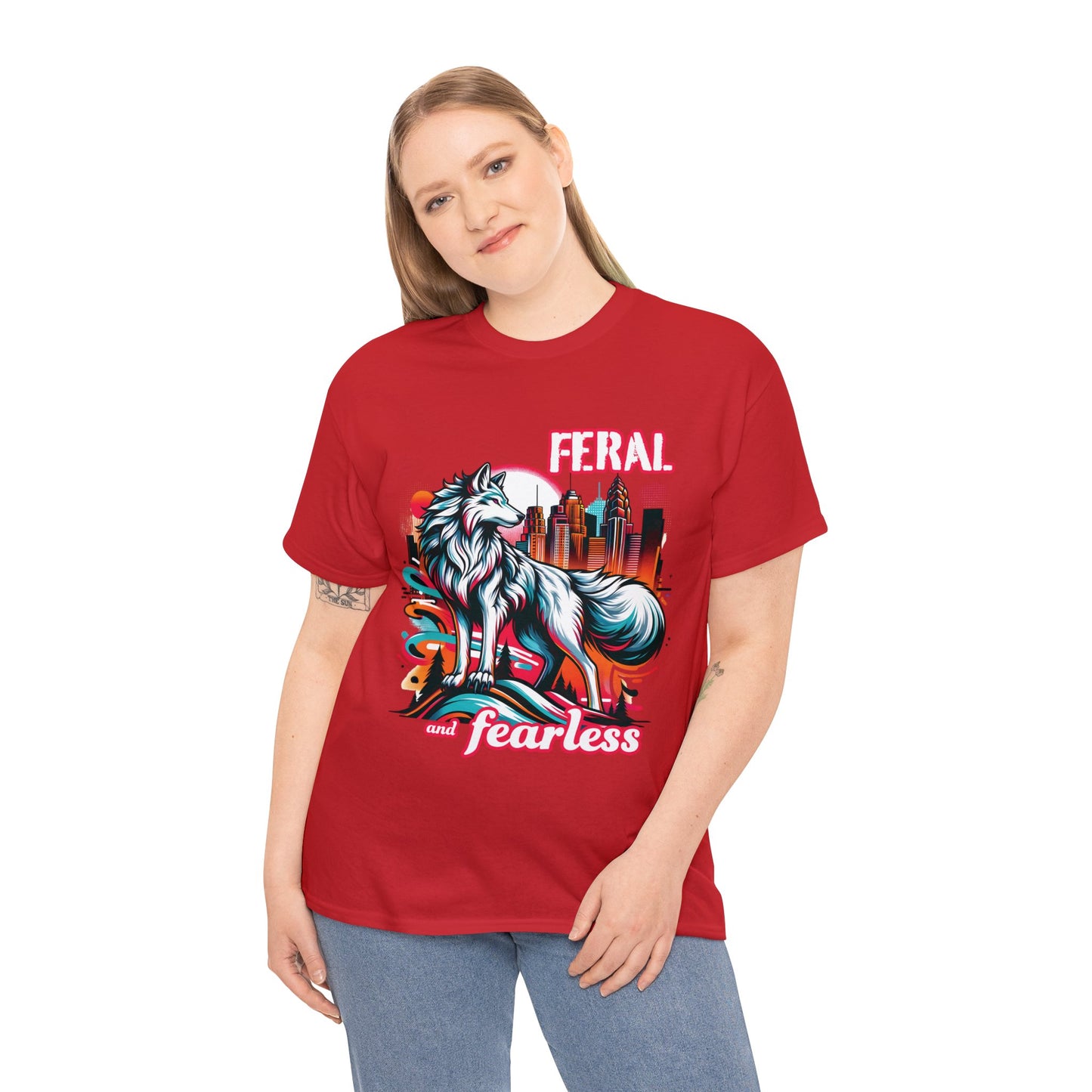 Feral and Fearless White Wolf T-Shirt Strong Woman 90s Gen X Feminist Tee Cityscape Skyline Nature City Inspirational Shirt