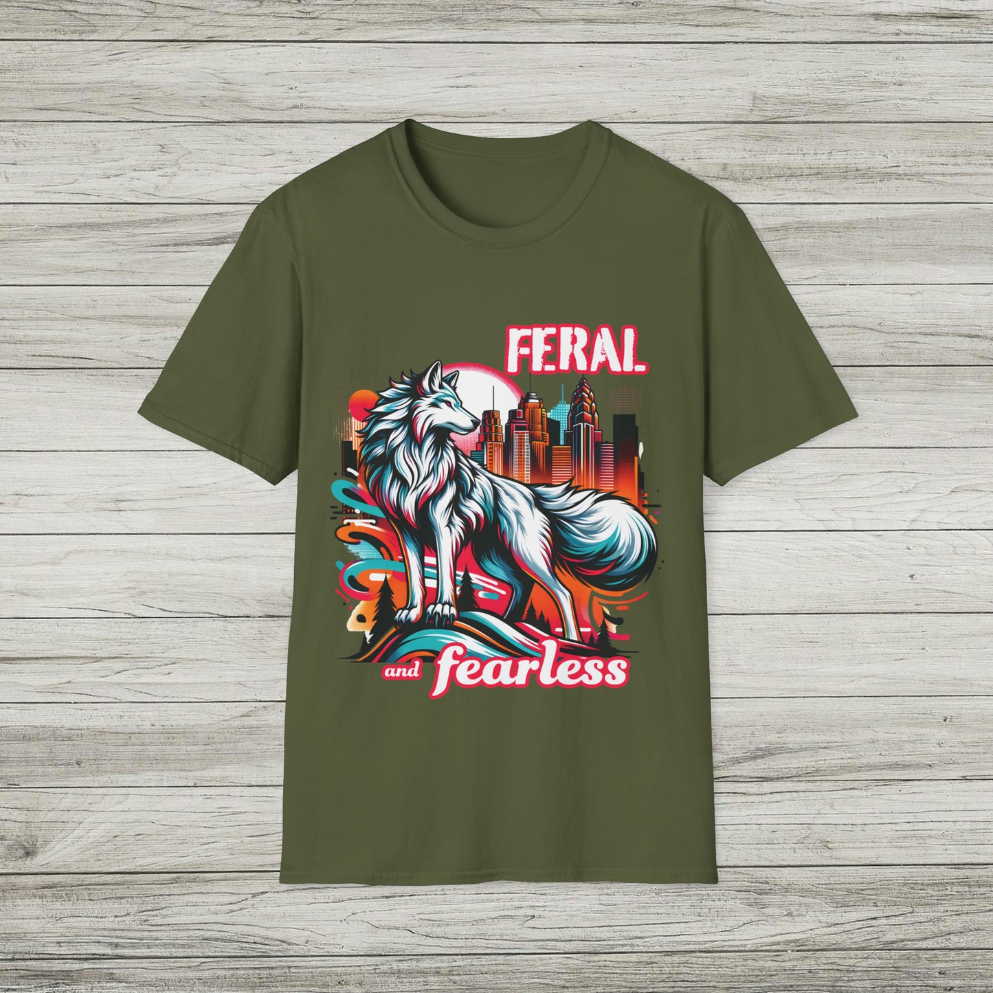 Feral and Fearless White Wolf T-Shirt Strong Woman 90s Gen X Feminist Tee Cityscape Skyline Nature City Inspirational Shirt