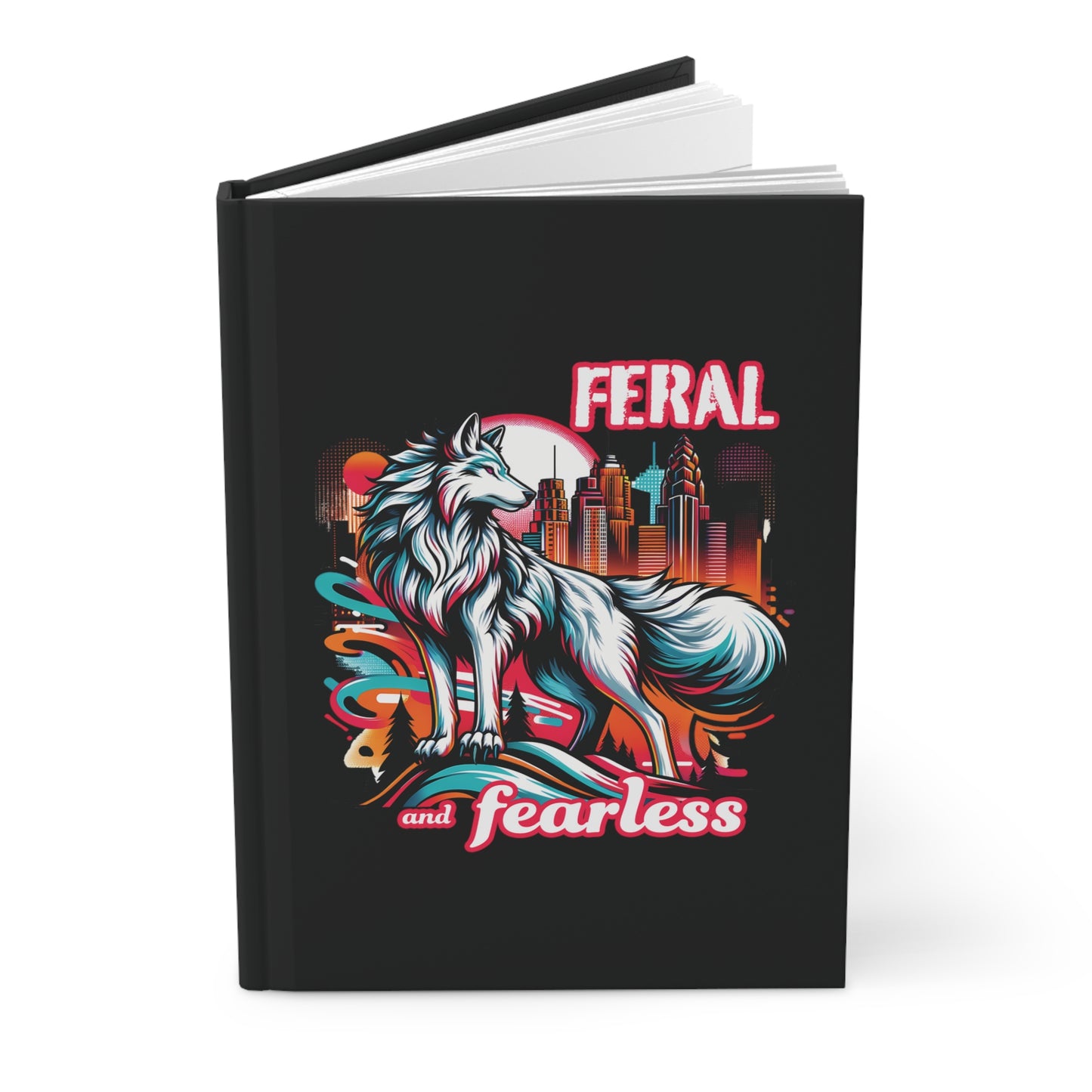 Feral and Fearless Black Matte Hardcover Journal | White Wolf City and Nature Blank Book | 90s Retro Lined Notebook Diary Dream Log