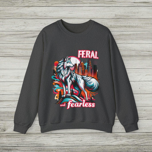 Feral and Fearless White Wolf Sweatshirt Strong Woman 90s Gen X Feminist Crewneck Cityscape Skyline Nature City Inspirational Shirt