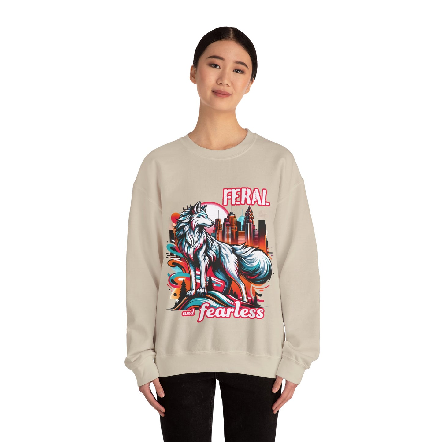 Feral and Fearless White Wolf Sweatshirt Strong Woman 90s Gen X Feminist Crewneck Cityscape Skyline Nature City Inspirational Shirt