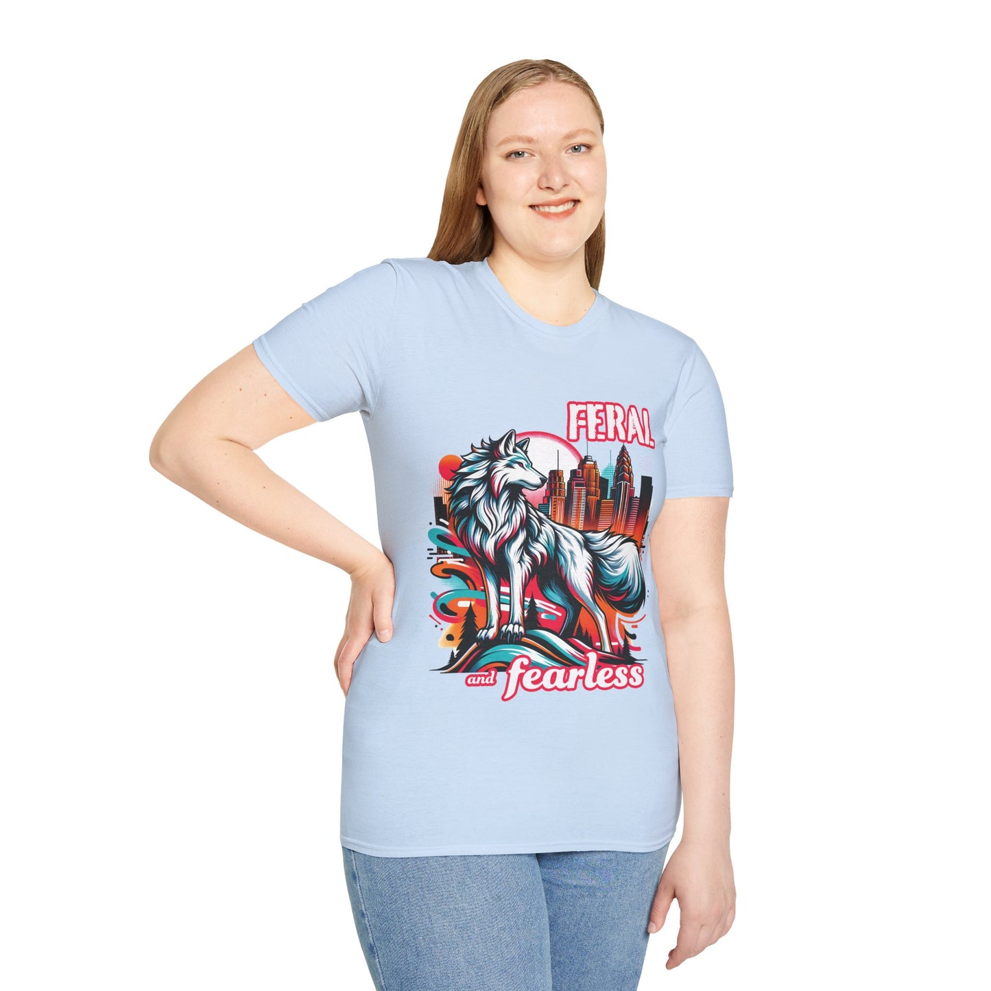 Feral and Fearless White Wolf T-Shirt Strong Woman 90s Gen X Feminist Tee Cityscape Skyline Nature City Inspirational Shirt