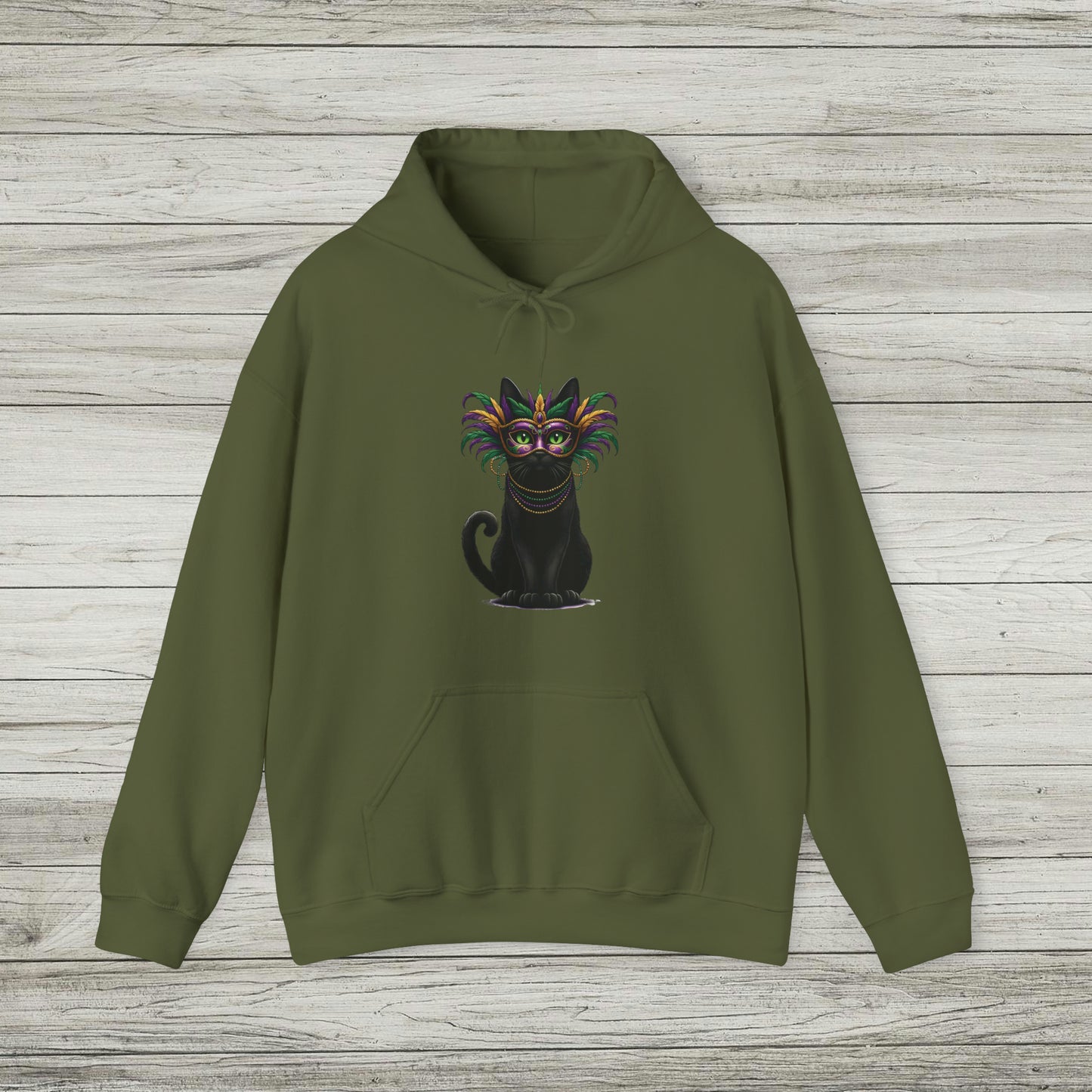 Black Cat Mardi Gras Hoodie Masquerade Ball Kitten and Beads Sweatshirt New Orleans French Quarter NOLA Carnival Parade Cat