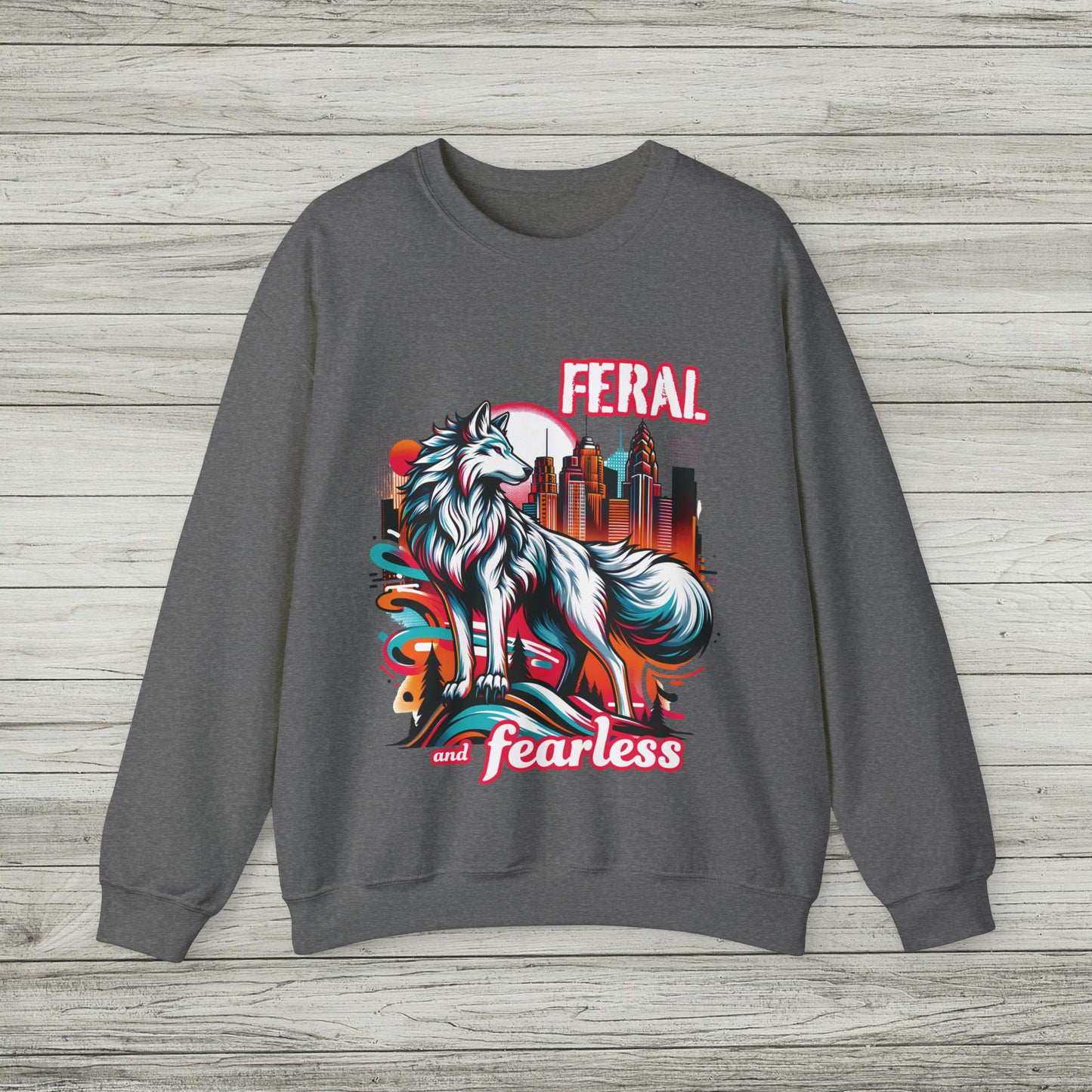 Feral and Fearless White Wolf Sweatshirt Strong Woman 90s Gen X Feminist Crewneck Cityscape Skyline Nature City Inspirational Shirt