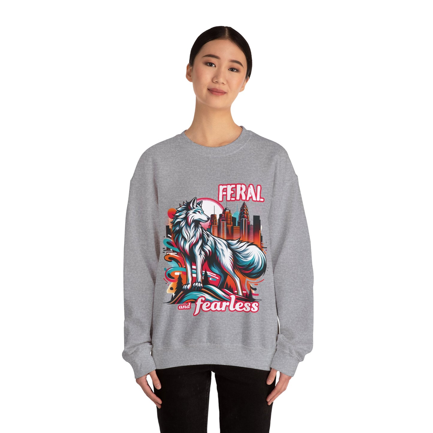 Feral and Fearless White Wolf Sweatshirt Strong Woman 90s Gen X Feminist Crewneck Cityscape Skyline Nature City Inspirational Shirt