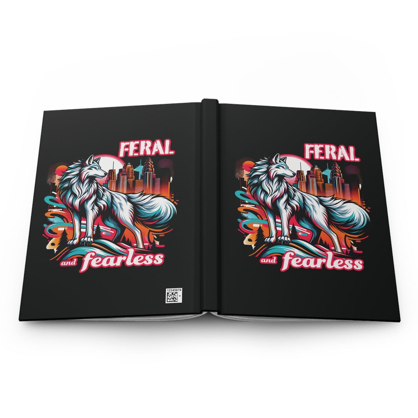 Feral and Fearless Black Matte Hardcover Journal | White Wolf City and Nature Blank Book | 90s Retro Lined Notebook Diary Dream Log