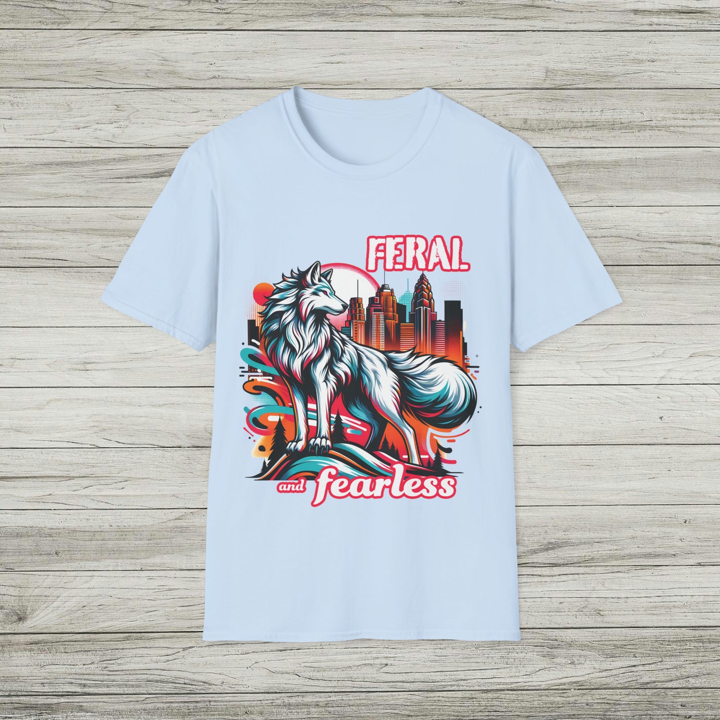 Feral and Fearless White Wolf T-Shirt Strong Woman 90s Gen X Feminist Tee Cityscape Skyline Nature City Inspirational Shirt