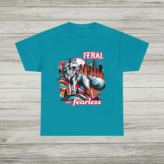 Feral and Fearless White Wolf T-Shirt Strong Woman 90s Gen X Feminist Tee Cityscape Skyline Nature City Inspirational Shirt