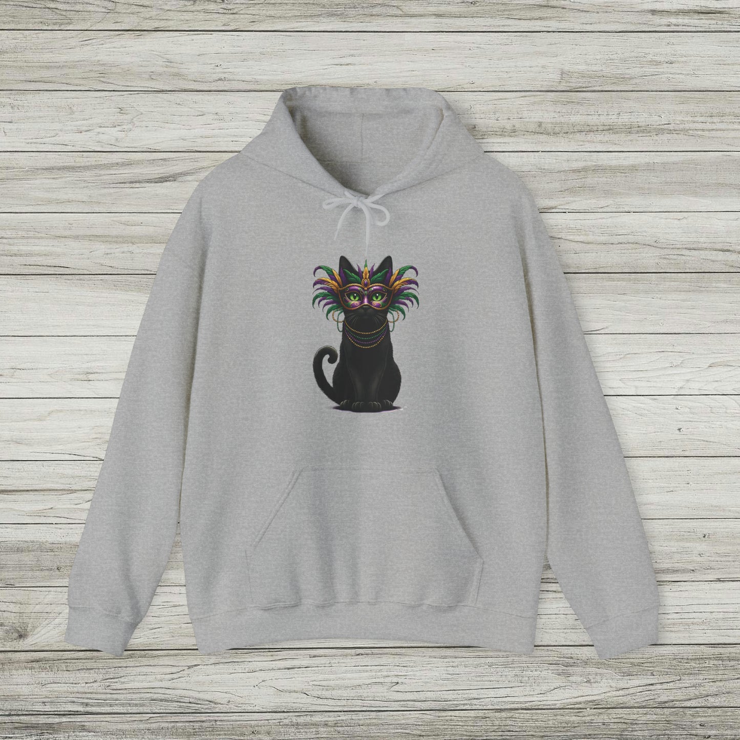 Black Cat Mardi Gras Hoodie Masquerade Ball Kitten and Beads Sweatshirt New Orleans French Quarter NOLA Carnival Parade Cat