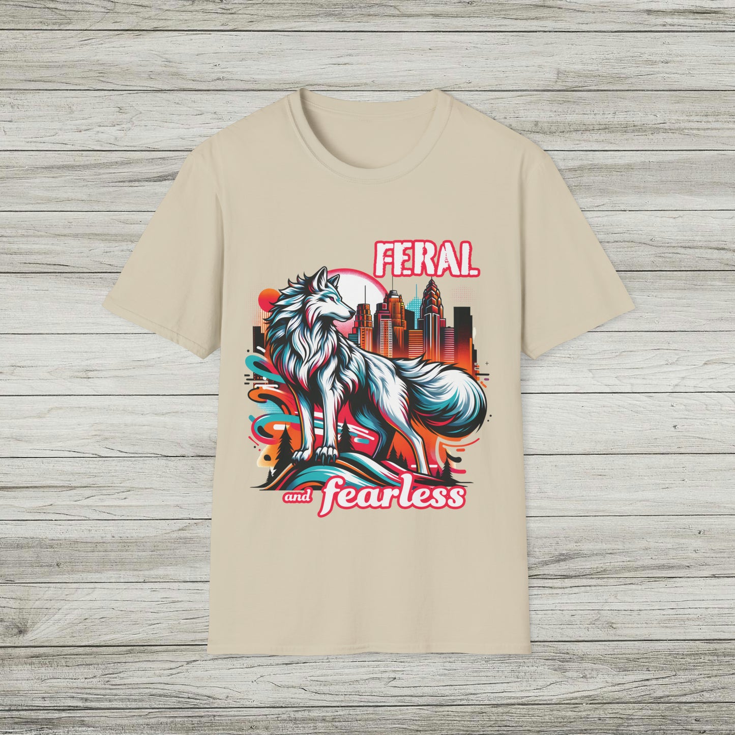 Feral and Fearless White Wolf T-Shirt Strong Woman 90s Gen X Feminist Tee Cityscape Skyline Nature City Inspirational Shirt