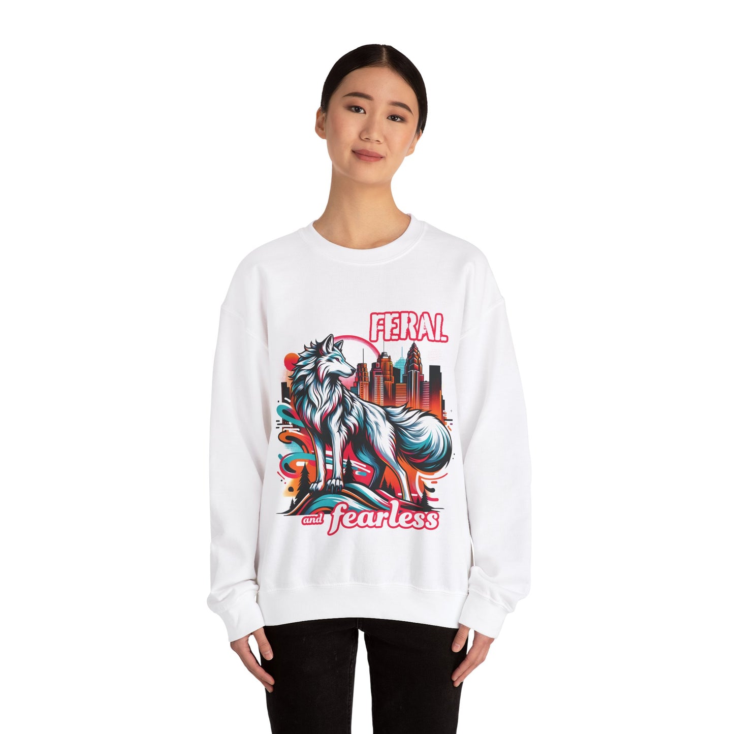 Feral and Fearless White Wolf Sweatshirt Strong Woman 90s Gen X Feminist Crewneck Cityscape Skyline Nature City Inspirational Shirt