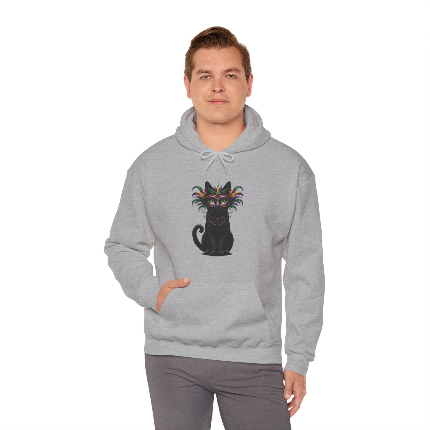 Black Cat Mardi Gras Hoodie Masquerade Ball Kitten and Beads Sweatshirt New Orleans French Quarter NOLA Carnival Parade Cat