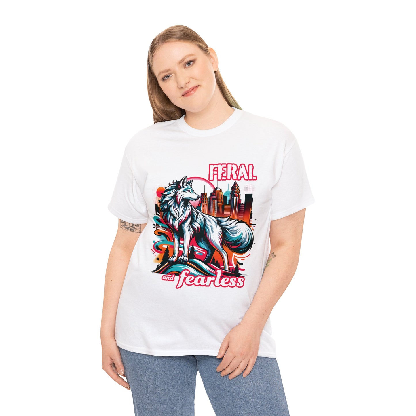 Feral and Fearless White Wolf T-Shirt Strong Woman 90s Gen X Feminist Tee Cityscape Skyline Nature City Inspirational Shirt