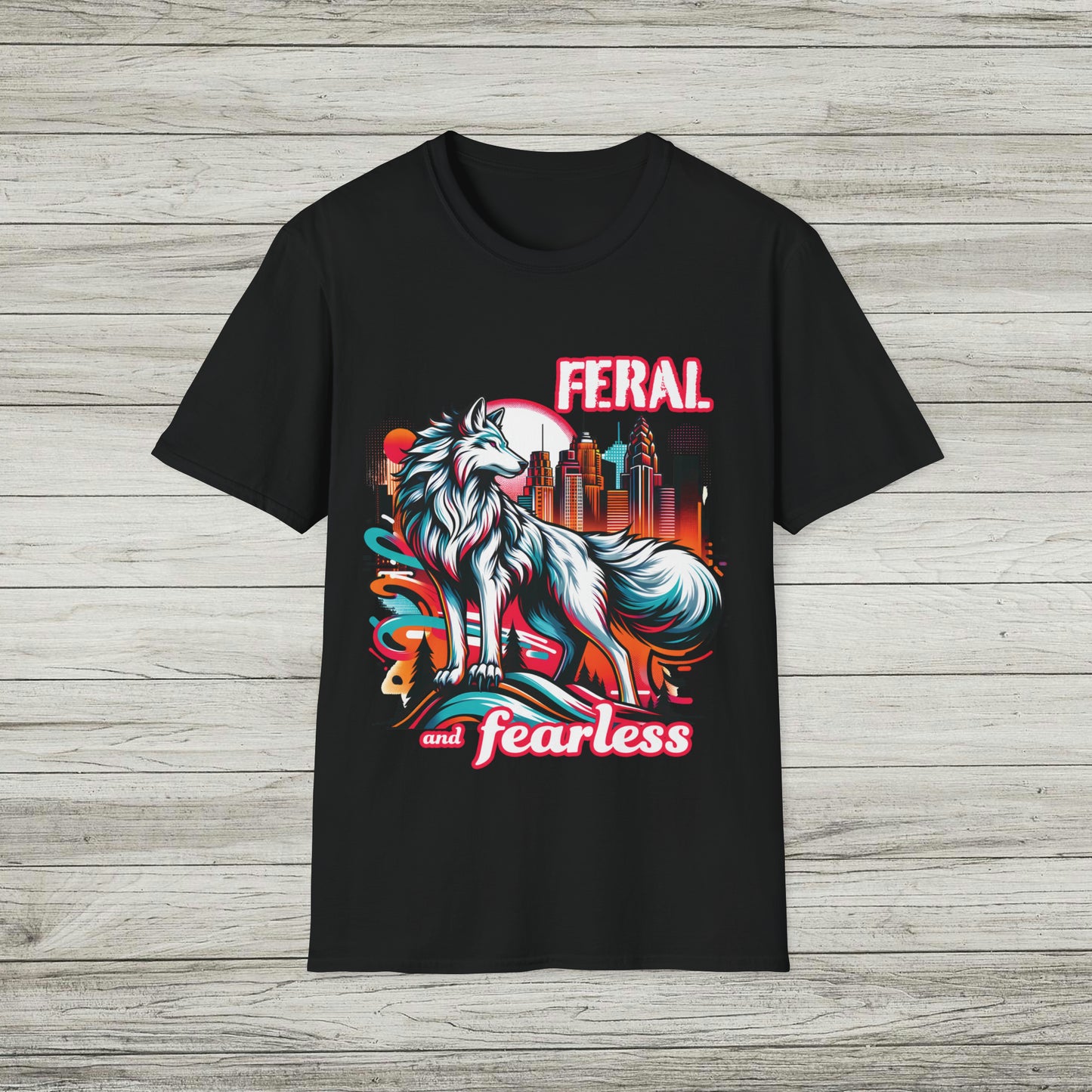 Feral and Fearless White Wolf T-Shirt Strong Woman 90s Gen X Feminist Tee Cityscape Skyline Nature City Inspirational Shirt