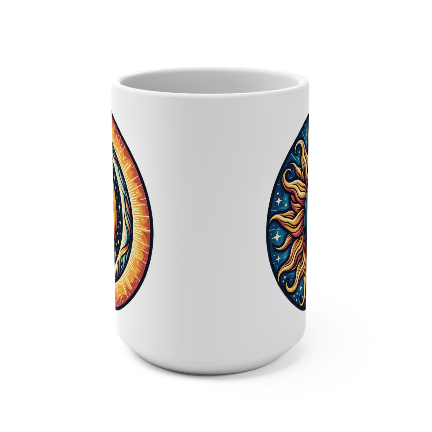 Celestial Sun and Moon 15oz Large Mug, Mystic Coffee Cup, Colorful New Age Ceramic C-Handle Mug