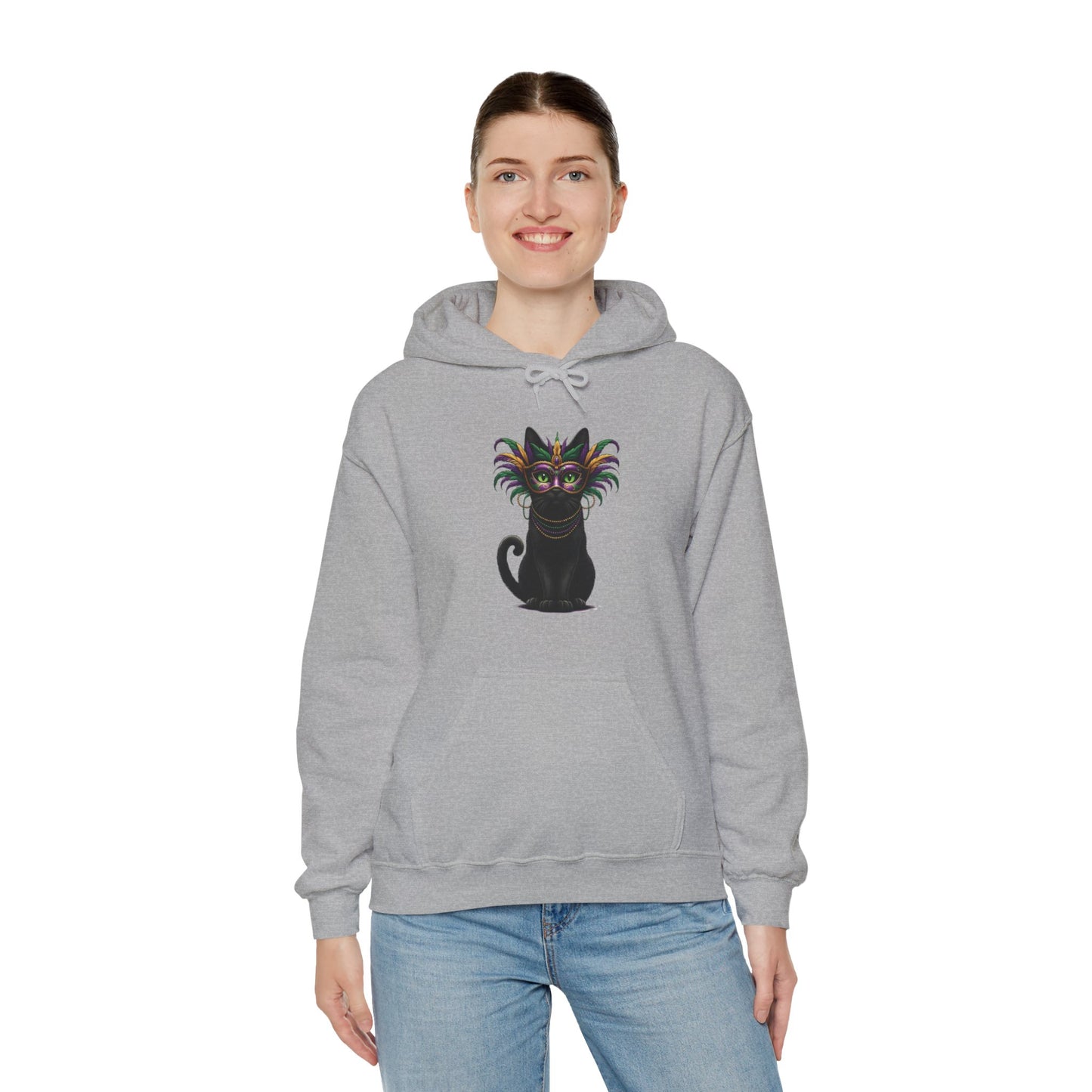 Black Cat Mardi Gras Hoodie Masquerade Ball Kitten and Beads Sweatshirt New Orleans French Quarter NOLA Carnival Parade Cat