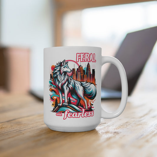 Feral and Fearless 15oz Large Mug, White Wolf Coffee Cup, Retro 90s Ceramic C-Handle Mug