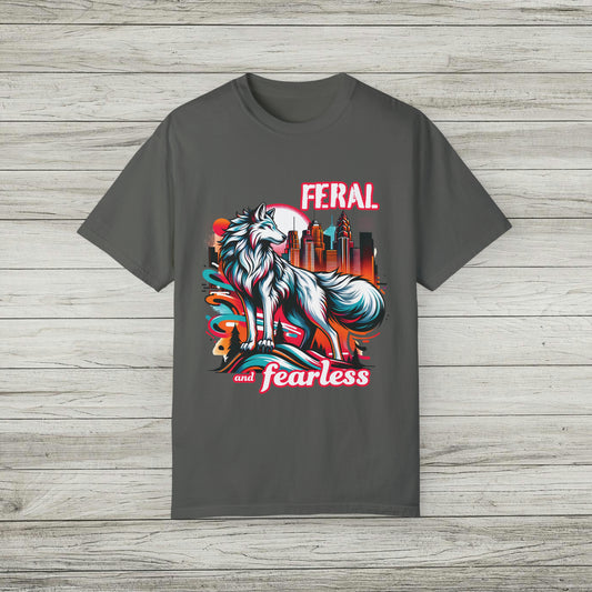 Feral and Fearless White Wolf Garment-Dyed T-Shirt Strong Woman 90s Gen X Feminist Tee Cityscape Skyline Nature City Inspirational Shirt