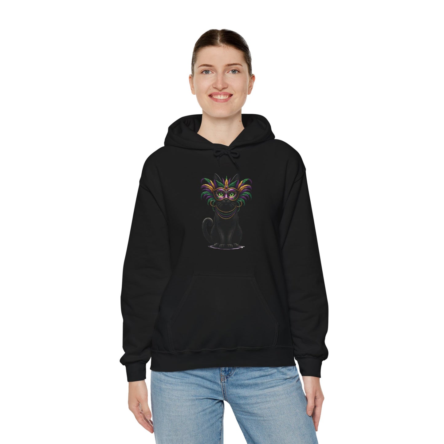 Black Cat Mardi Gras Hoodie Masquerade Ball Kitten and Beads Sweatshirt New Orleans French Quarter NOLA Carnival Parade Cat