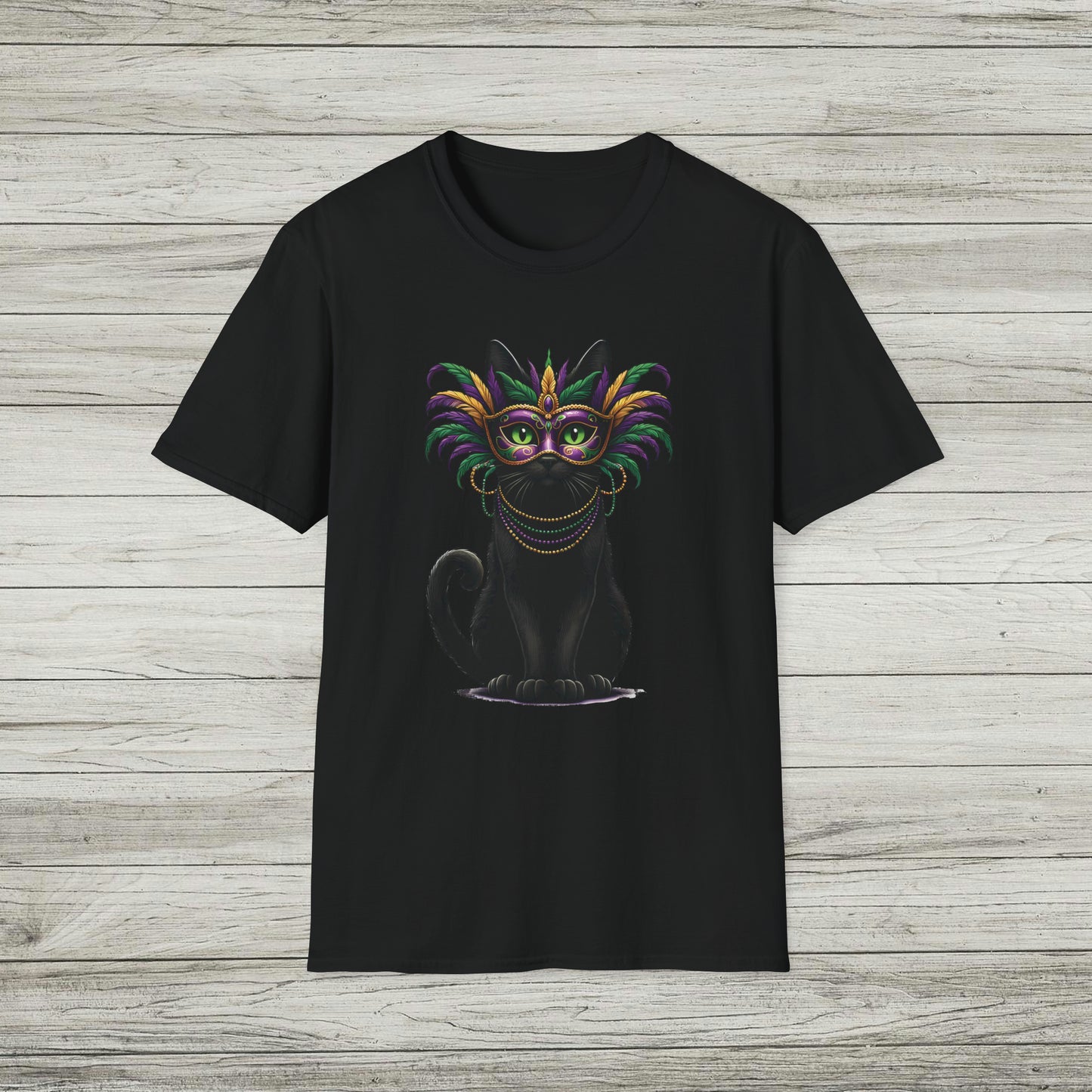 Black Cat Mardi Gras T-Shirt Masquerade Ball Kitten and Beads Tee New Orleans French Quarter NOLA Carnival Parade Cat