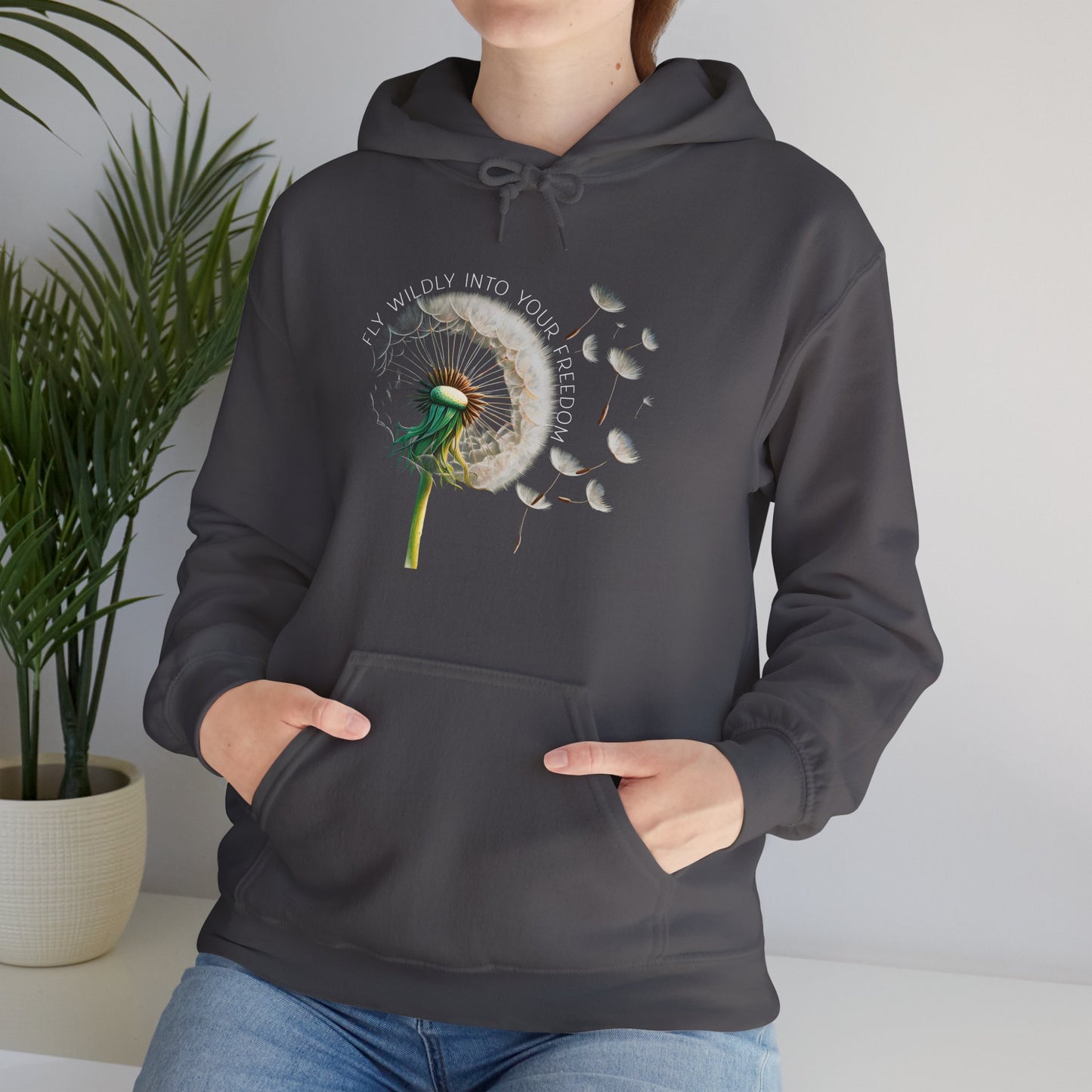 Dandelion Blowing Fly Wildly Into Your Freedom Hoodie, Wildflower Botanical Inspirational Hooded Sweatshirt for Nature Lovers