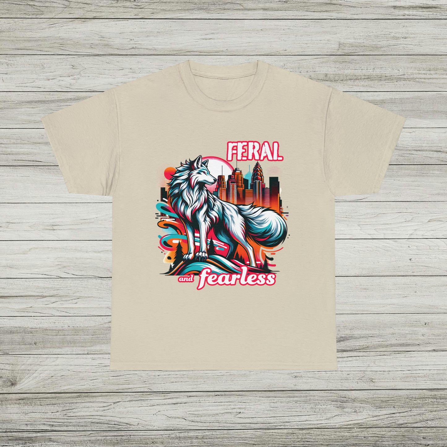 Feral and Fearless White Wolf T-Shirt Strong Woman 90s Gen X Feminist Tee Cityscape Skyline Nature City Inspirational Shirt