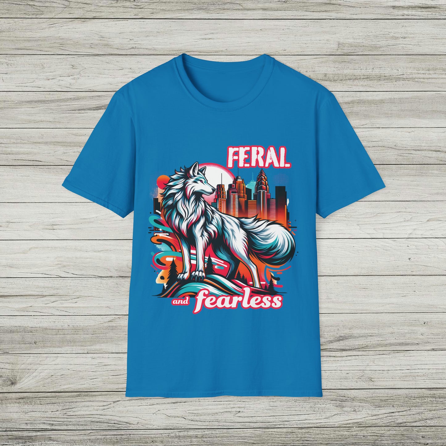 Feral and Fearless White Wolf T-Shirt Strong Woman 90s Gen X Feminist Tee Cityscape Skyline Nature City Inspirational Shirt