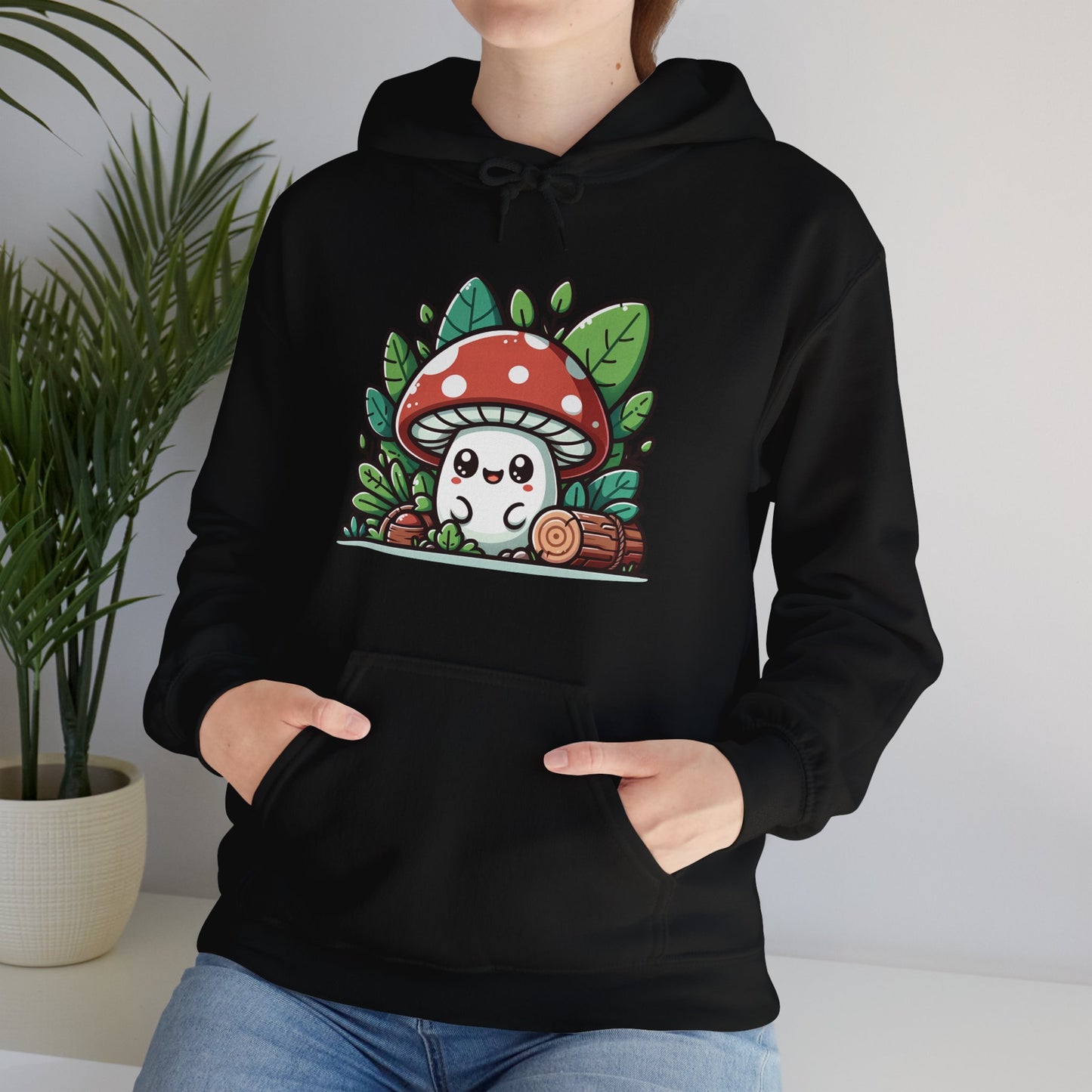 Happy Mushroom Hoodie, Shroom in the Forest Hooded Sweatshirt, Retro Hippie Fungi Shirt