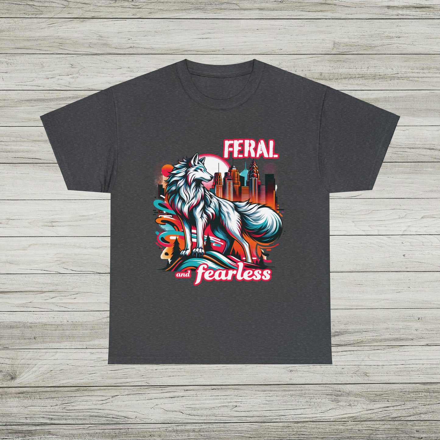 Feral and Fearless White Wolf T-Shirt Strong Woman 90s Gen X Feminist Tee Cityscape Skyline Nature City Inspirational Shirt