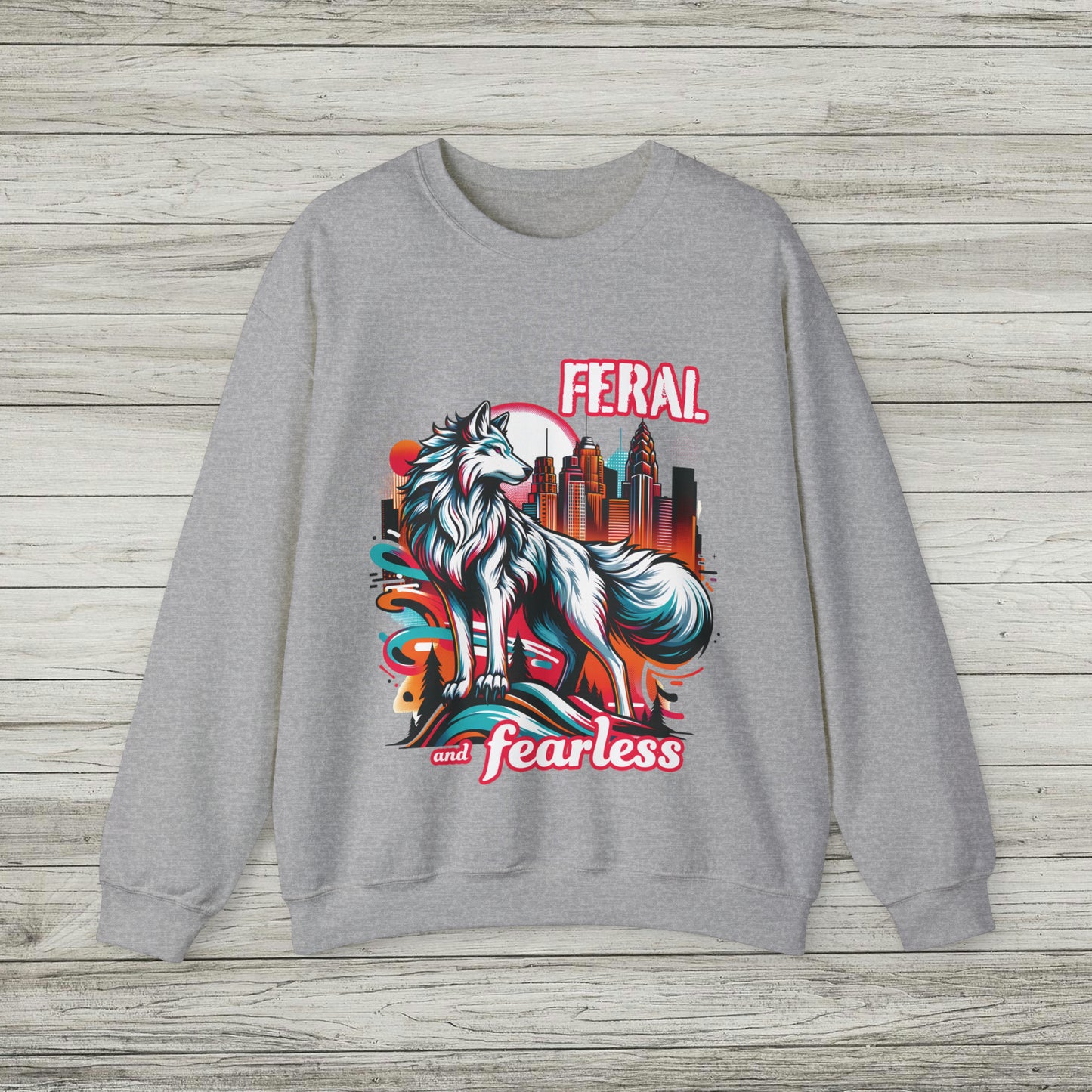 Feral and Fearless White Wolf Sweatshirt Strong Woman 90s Gen X Feminist Crewneck Cityscape Skyline Nature City Inspirational Shirt