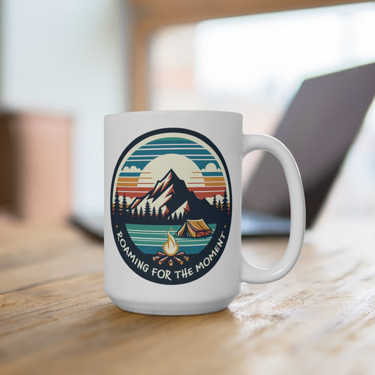 Camping Roaming 15oz Large Ceramic C-Handle Mug, Outdoor Adventures Coffee Cup, Retro Campfire, Gift for Camper Nature Wilderness Lovers