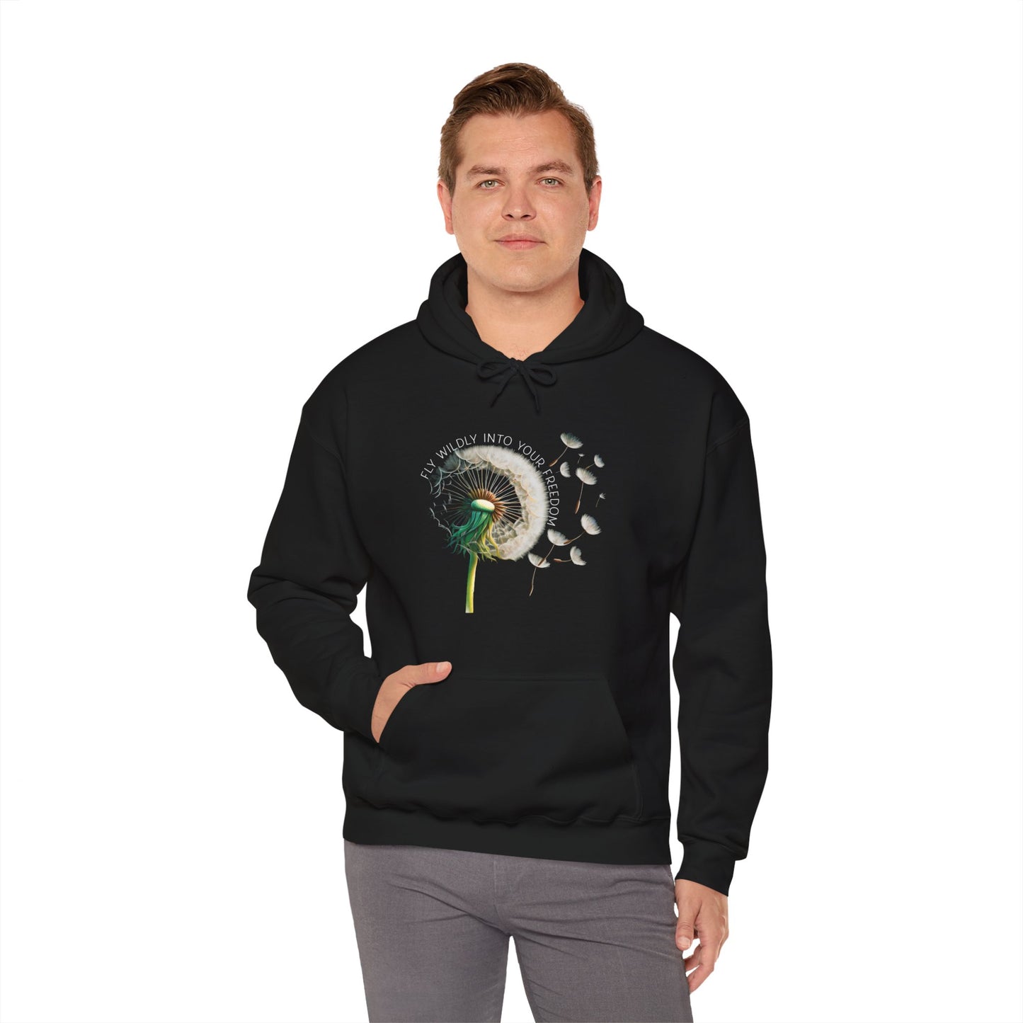 Dandelion Blowing Fly Wildly Into Your Freedom Hoodie, Wildflower Botanical Inspirational Hooded Sweatshirt for Nature Lovers