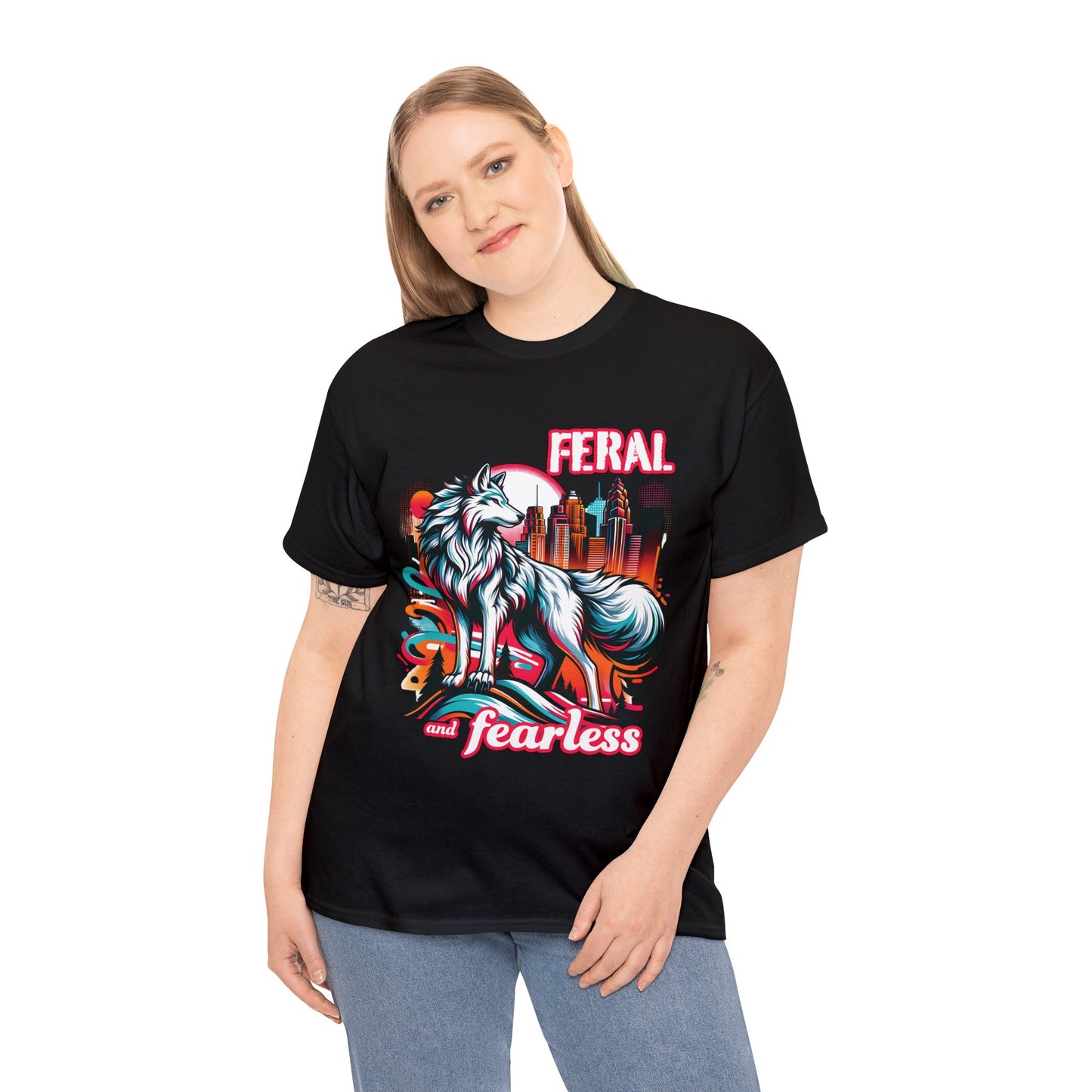 Feral and Fearless White Wolf T-Shirt Strong Woman 90s Gen X Feminist Tee Cityscape Skyline Nature City Inspirational Shirt