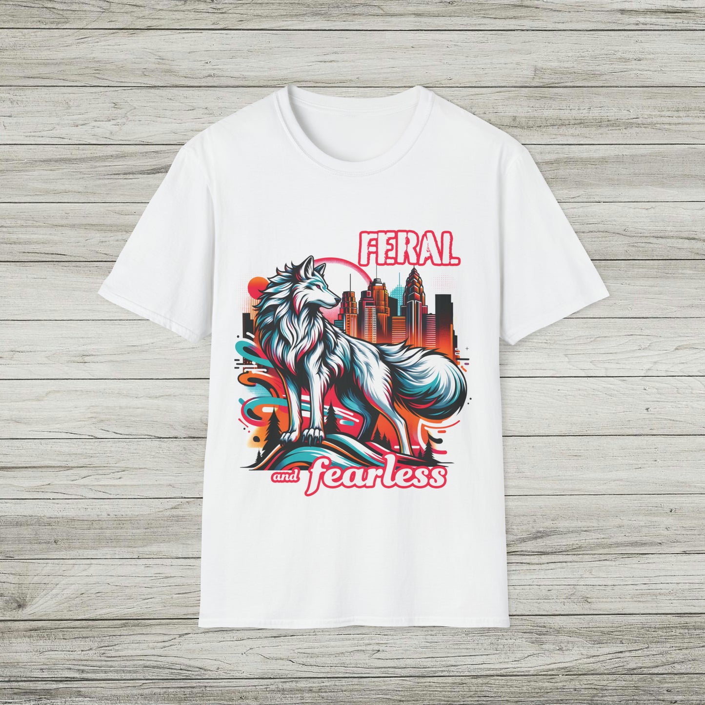 Feral and Fearless White Wolf T-Shirt Strong Woman 90s Gen X Feminist Tee Cityscape Skyline Nature City Inspirational Shirt