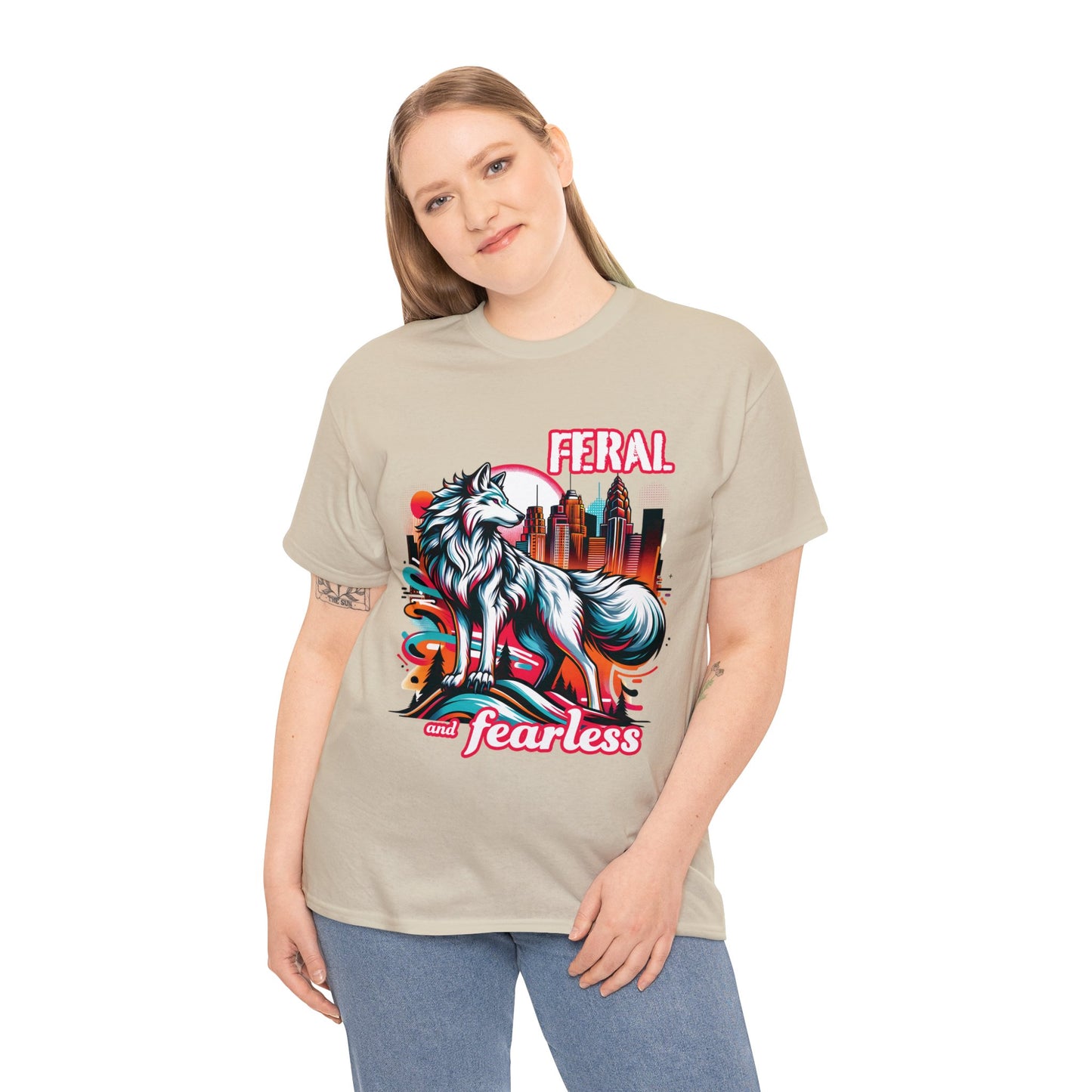 Feral and Fearless White Wolf T-Shirt Strong Woman 90s Gen X Feminist Tee Cityscape Skyline Nature City Inspirational Shirt