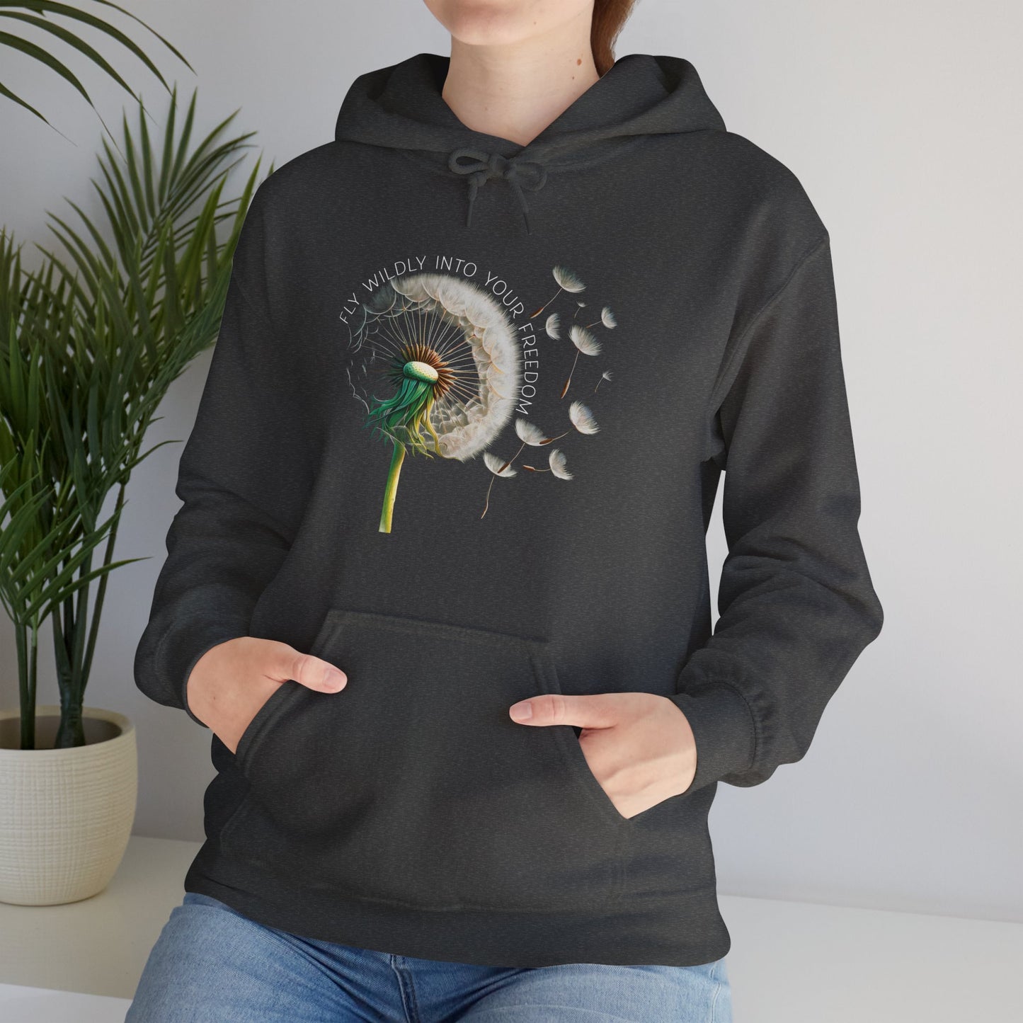 Dandelion Blowing Fly Wildly Into Your Freedom Hoodie, Wildflower Botanical Inspirational Hooded Sweatshirt for Nature Lovers