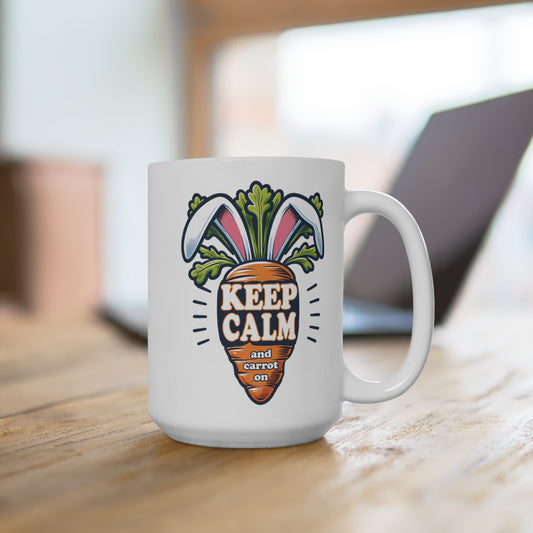 Keep Calm and Carrot On 15oz Large Mug, Easter Bunny Coffee Cup, Rabbit Ears Ceramic C-Handle Mug