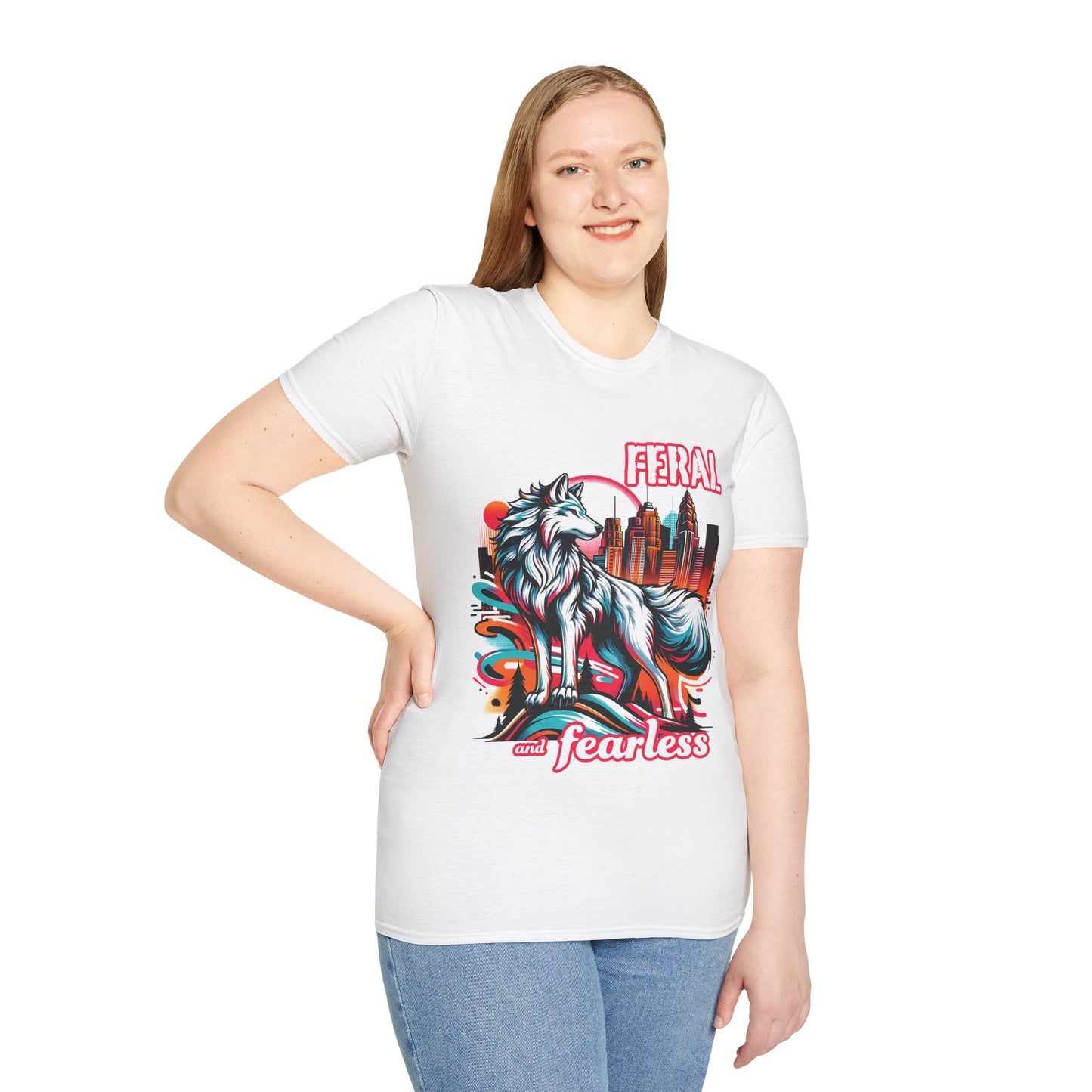 Feral and Fearless White Wolf T-Shirt Strong Woman 90s Gen X Feminist Tee Cityscape Skyline Nature City Inspirational Shirt