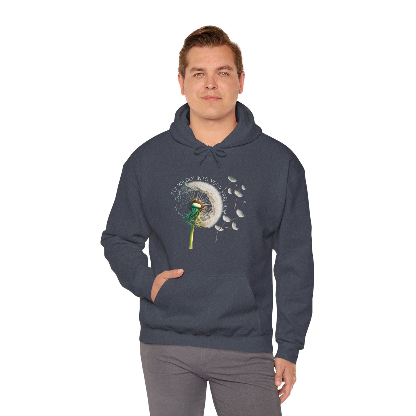 Dandelion Blowing Fly Wildly Into Your Freedom Hoodie, Wildflower Botanical Inspirational Hooded Sweatshirt for Nature Lovers