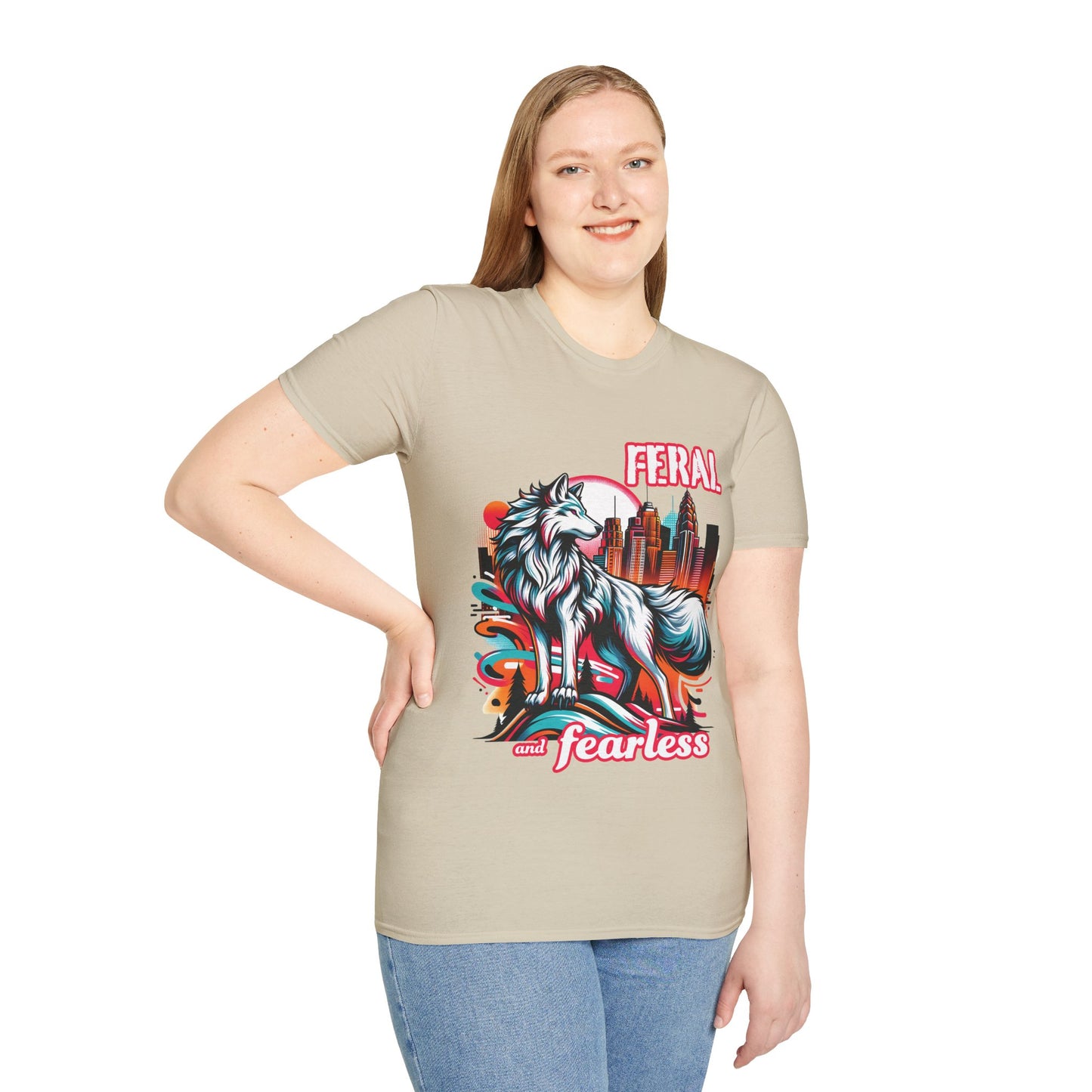 Feral and Fearless White Wolf T-Shirt Strong Woman 90s Gen X Feminist Tee Cityscape Skyline Nature City Inspirational Shirt