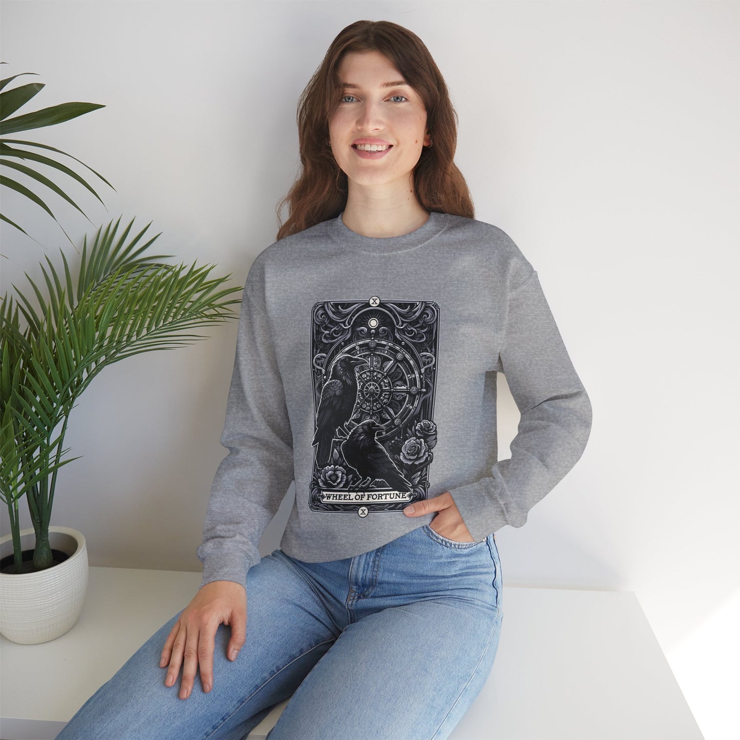 Gothic Crow Tarot Card Wheel of Fortune Lucky Crewneck Sweatshirt