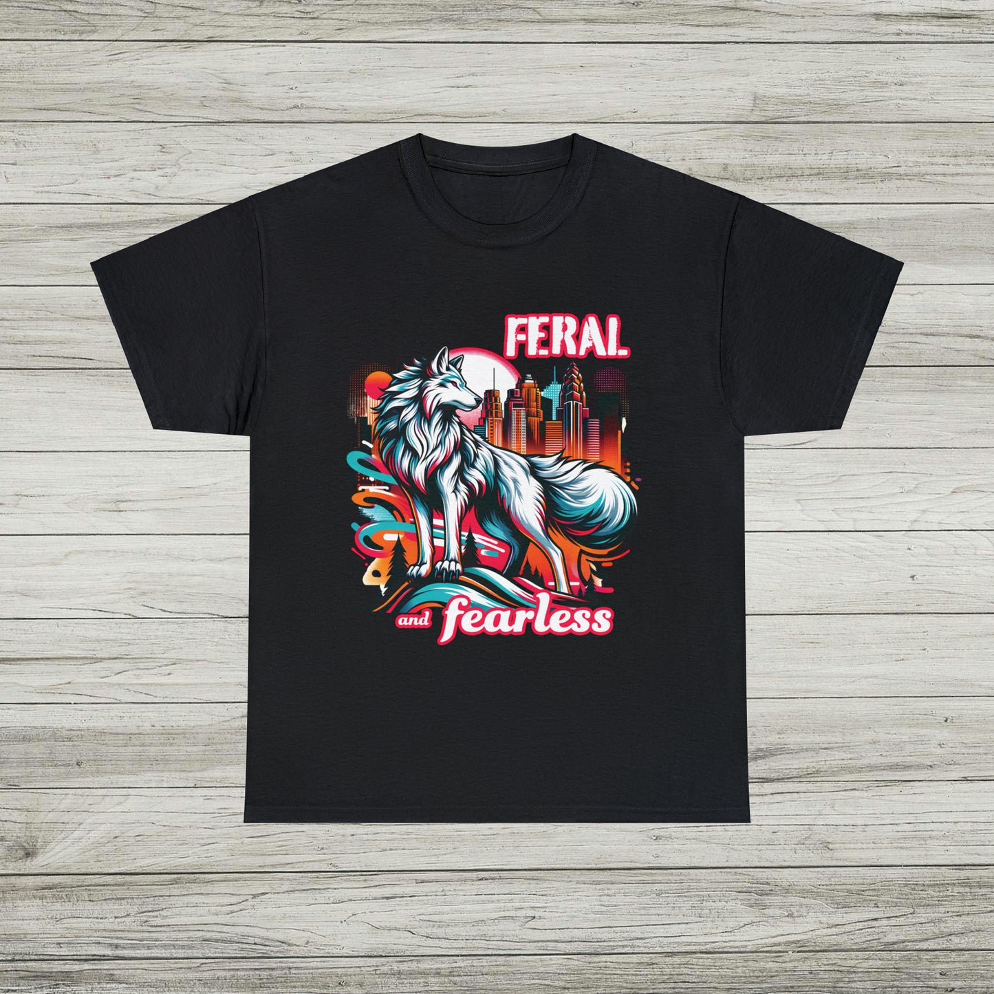 Feral and Fearless White Wolf T-Shirt Strong Woman 90s Gen X Feminist Tee Cityscape Skyline Nature City Inspirational Shirt