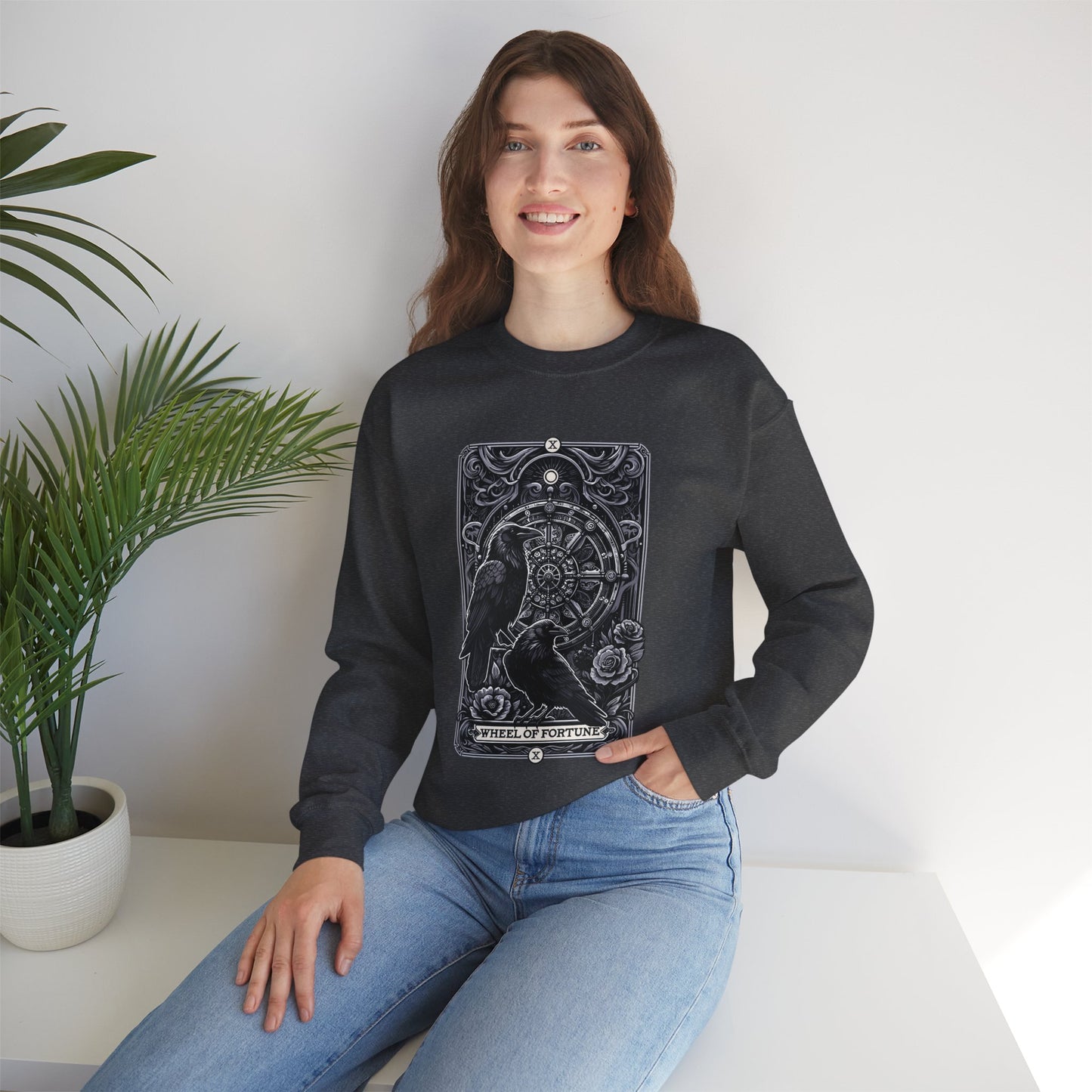 Gothic Crow Tarot Card Wheel of Fortune Lucky Crewneck Sweatshirt