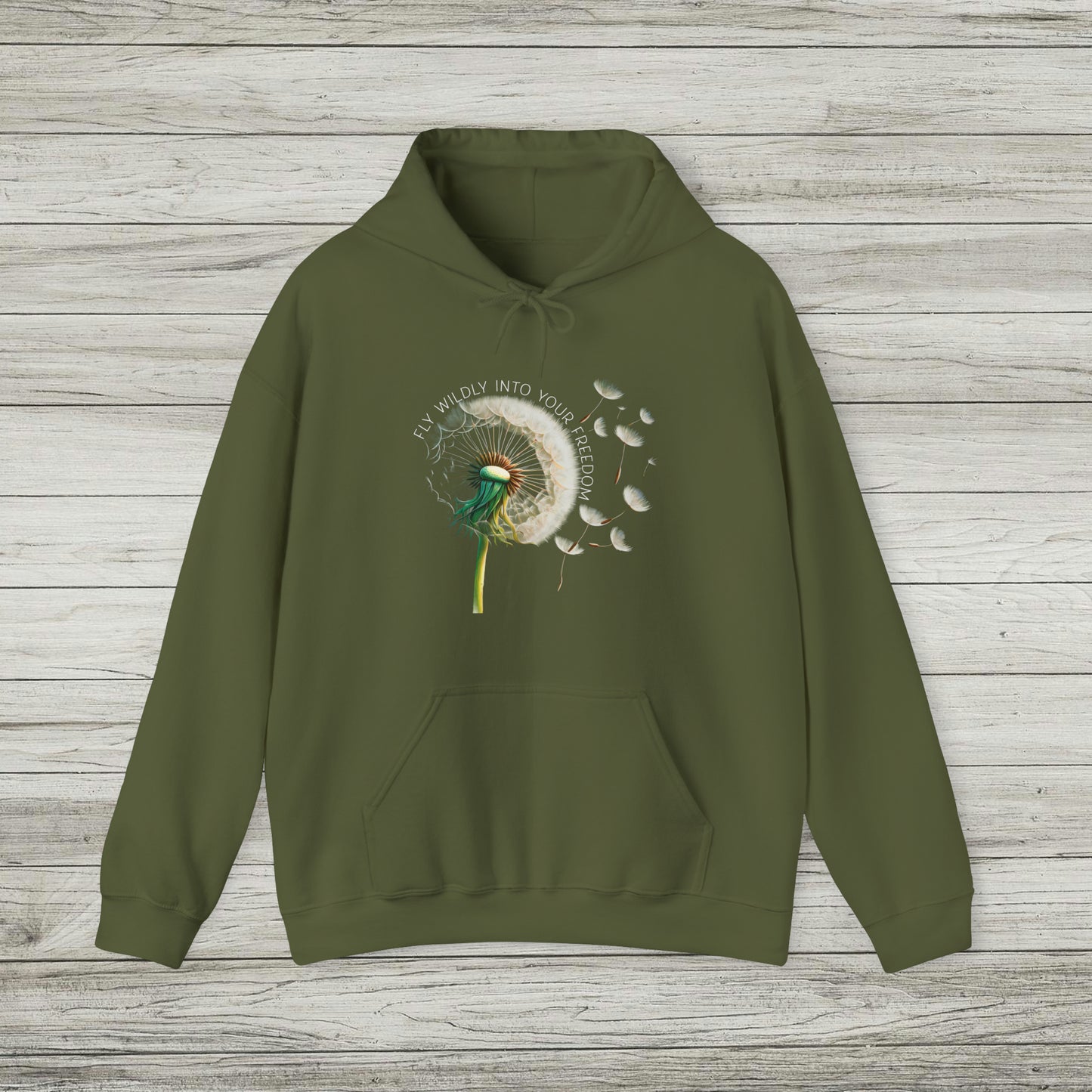 Dandelion Blowing Fly Wildly Into Your Freedom Hoodie, Wildflower Botanical Inspirational Hooded Sweatshirt for Nature Lovers