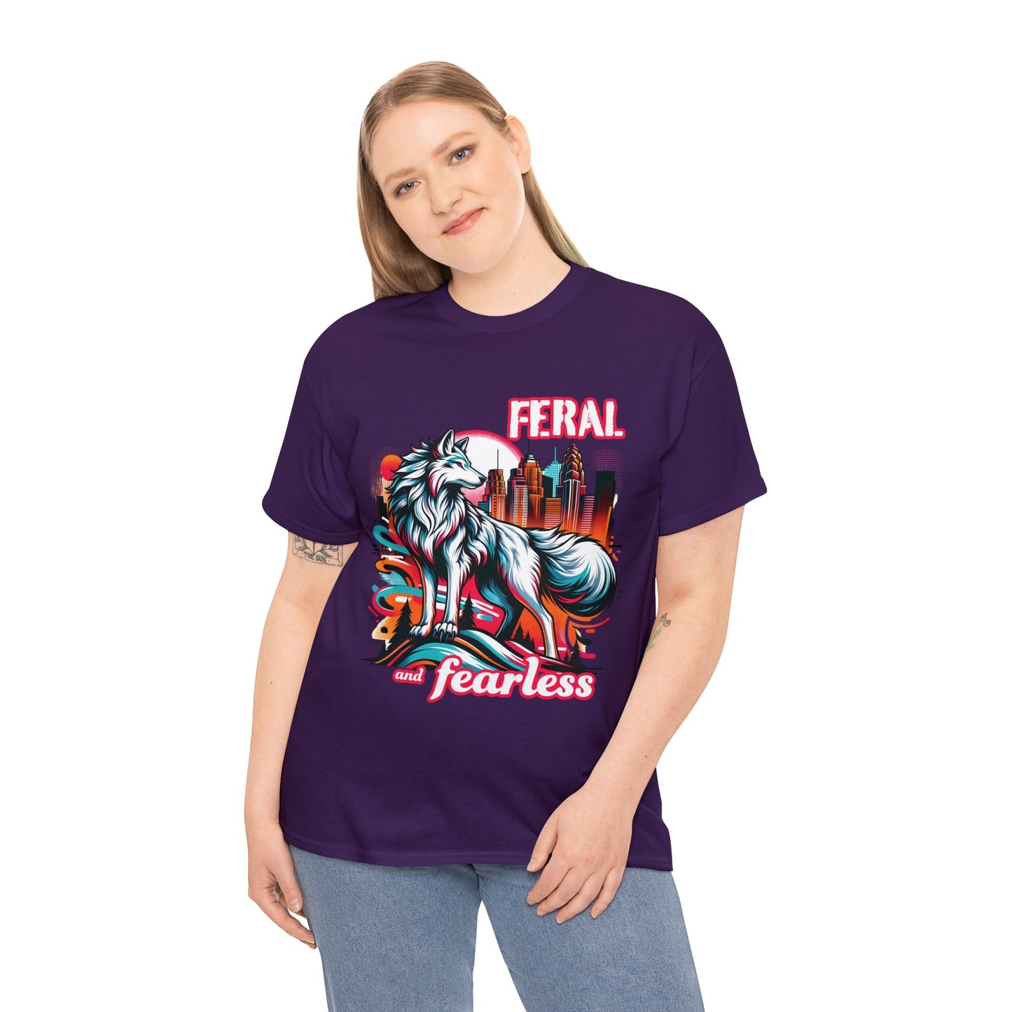 Feral and Fearless White Wolf T-Shirt Strong Woman 90s Gen X Feminist Tee Cityscape Skyline Nature City Inspirational Shirt