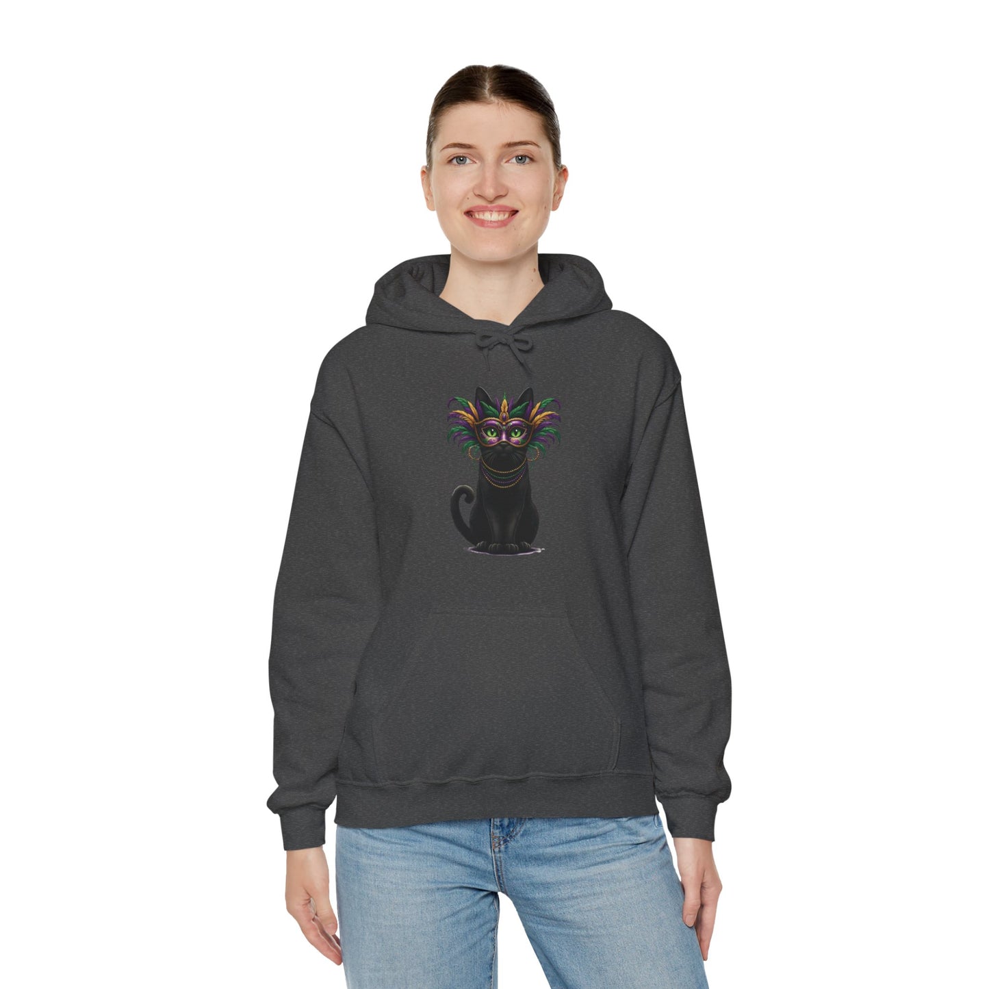 Black Cat Mardi Gras Hoodie Masquerade Ball Kitten and Beads Sweatshirt New Orleans French Quarter NOLA Carnival Parade Cat