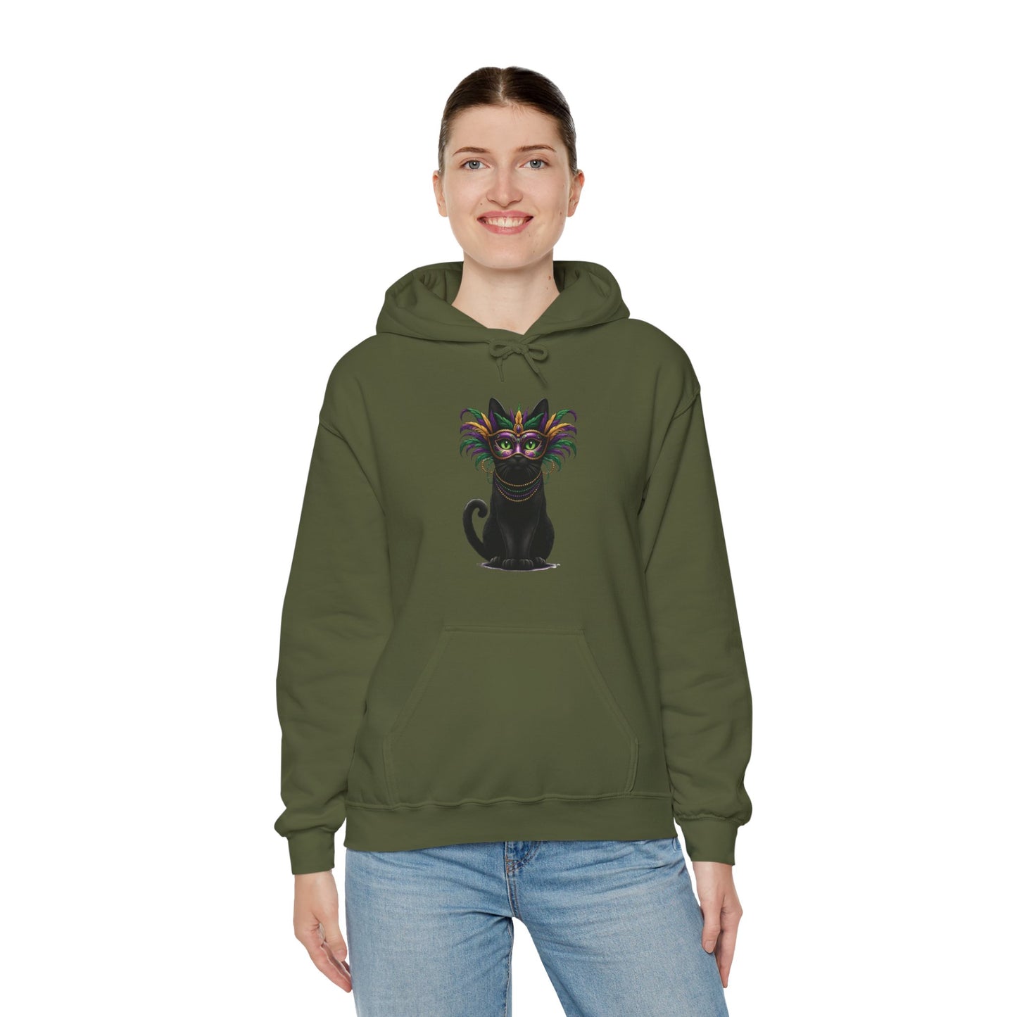 Black Cat Mardi Gras Hoodie Masquerade Ball Kitten and Beads Sweatshirt New Orleans French Quarter NOLA Carnival Parade Cat