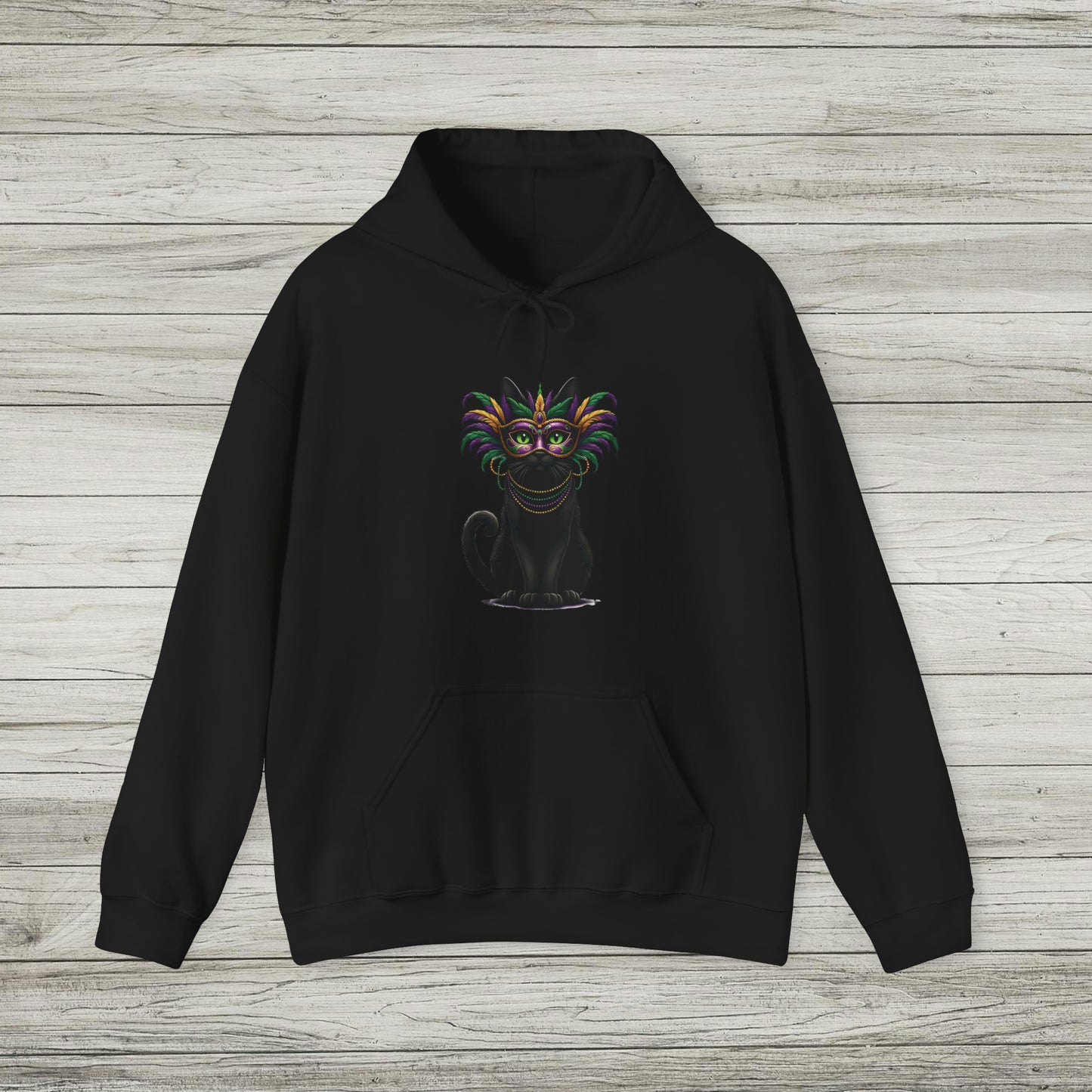 Black Cat Mardi Gras Hoodie Masquerade Ball Kitten and Beads Sweatshirt New Orleans French Quarter NOLA Carnival Parade Cat