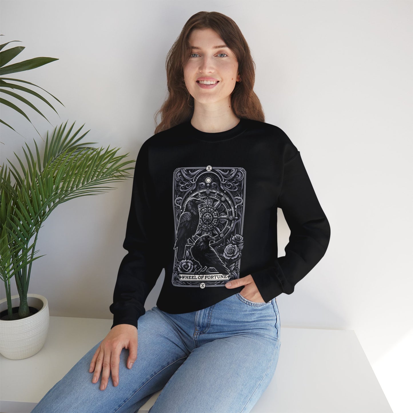 Gothic Crow Tarot Card Wheel of Fortune Lucky Crewneck Sweatshirt